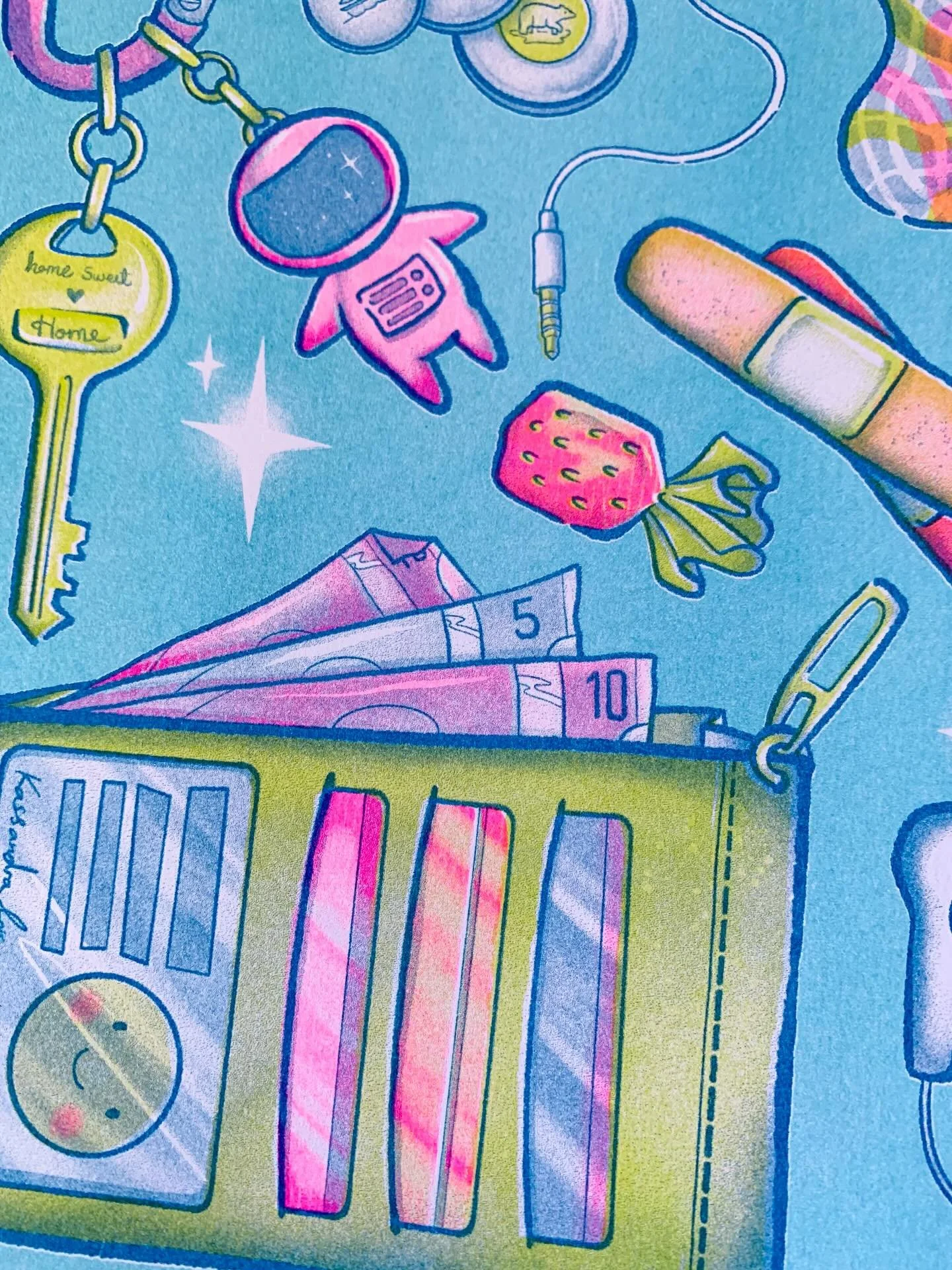 Essentials 👛 4 colour Risograph print, 11&rdquo;x14&rdquo;

I think about this print all the time and it&rsquo;s FINALLY made it to the feed. 🫶🏻

This design was one that really kicked me back into creating for Risograph printing. It was something