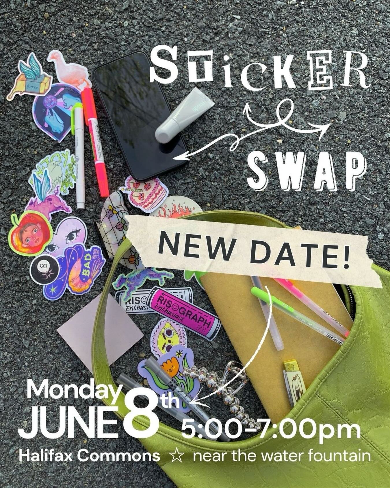 𝗡𝗘𝗪 𝗗𝗔𝗧𝗘: 𝗠𝗼𝗻𝗱𝗮𝘆 𝗝𝘂𝗻𝗲 𝟴𝘁𝗵
Due to a forecast of rain and no luck finding another venue, the sticker swap will be moved to 𝗠𝗼𝗻𝗱𝗮𝘆 𝗝𝘂𝗻𝗲 𝟴𝘁𝗵 from 5:00-7:00pm.

✶ We will be set up near the water fountain on the Halifax co