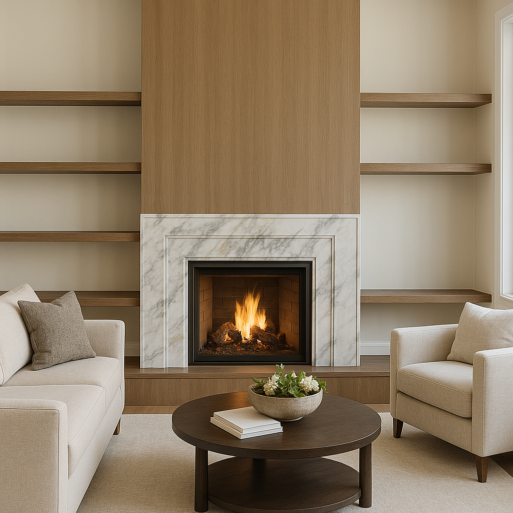 Great room fireplace render of the Lakefront II at 12 Jardin Place in Jensen Lakes by Urbis Infill Homes