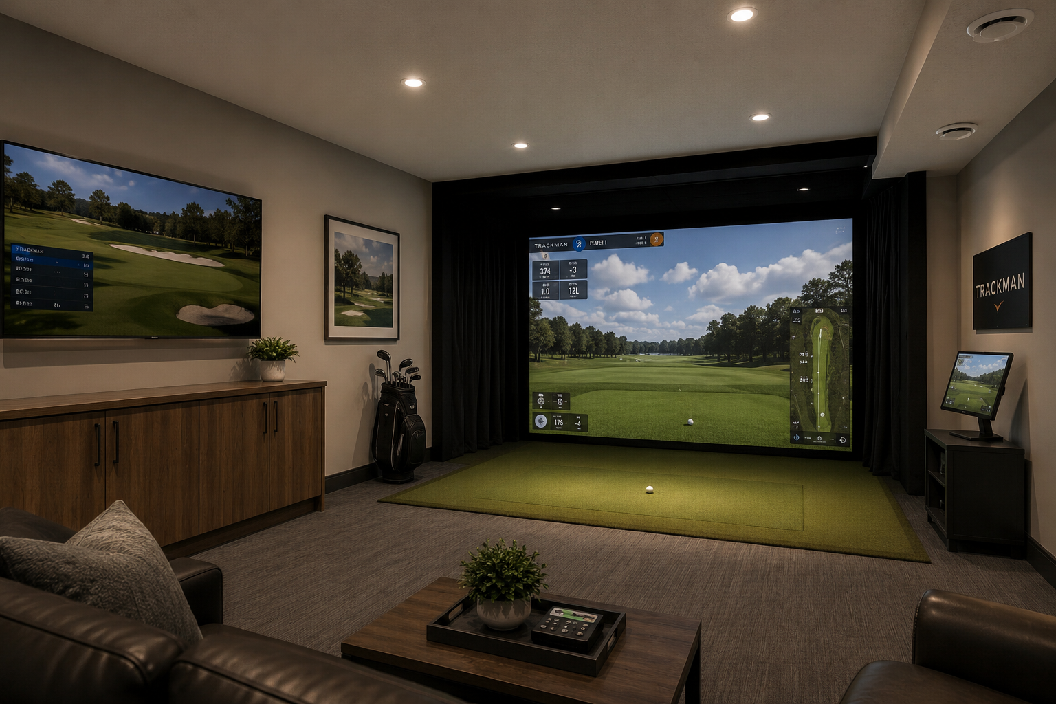 Golf sim in the Lakefront II at 12 Jardin Place in Jensen Lakes, St. Albert by Urbis Infill Homes.