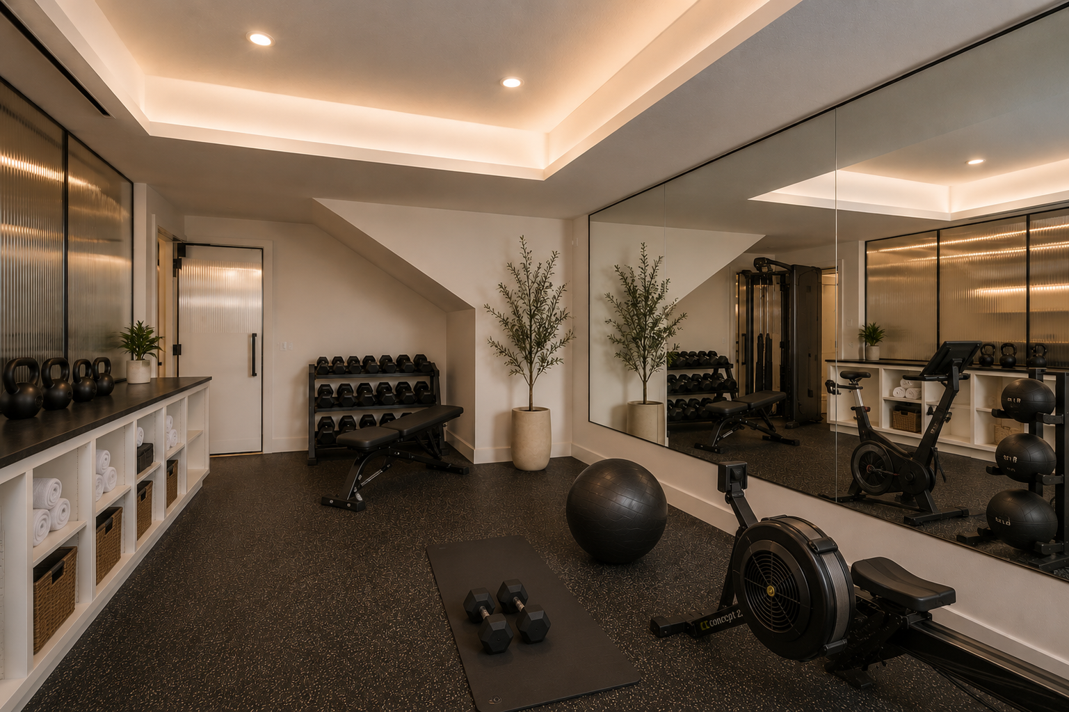 Home gym in the Lakefront II at 12 Jardin Place in Jensen Lakes, St. Albert by Urbis Infill Homes.