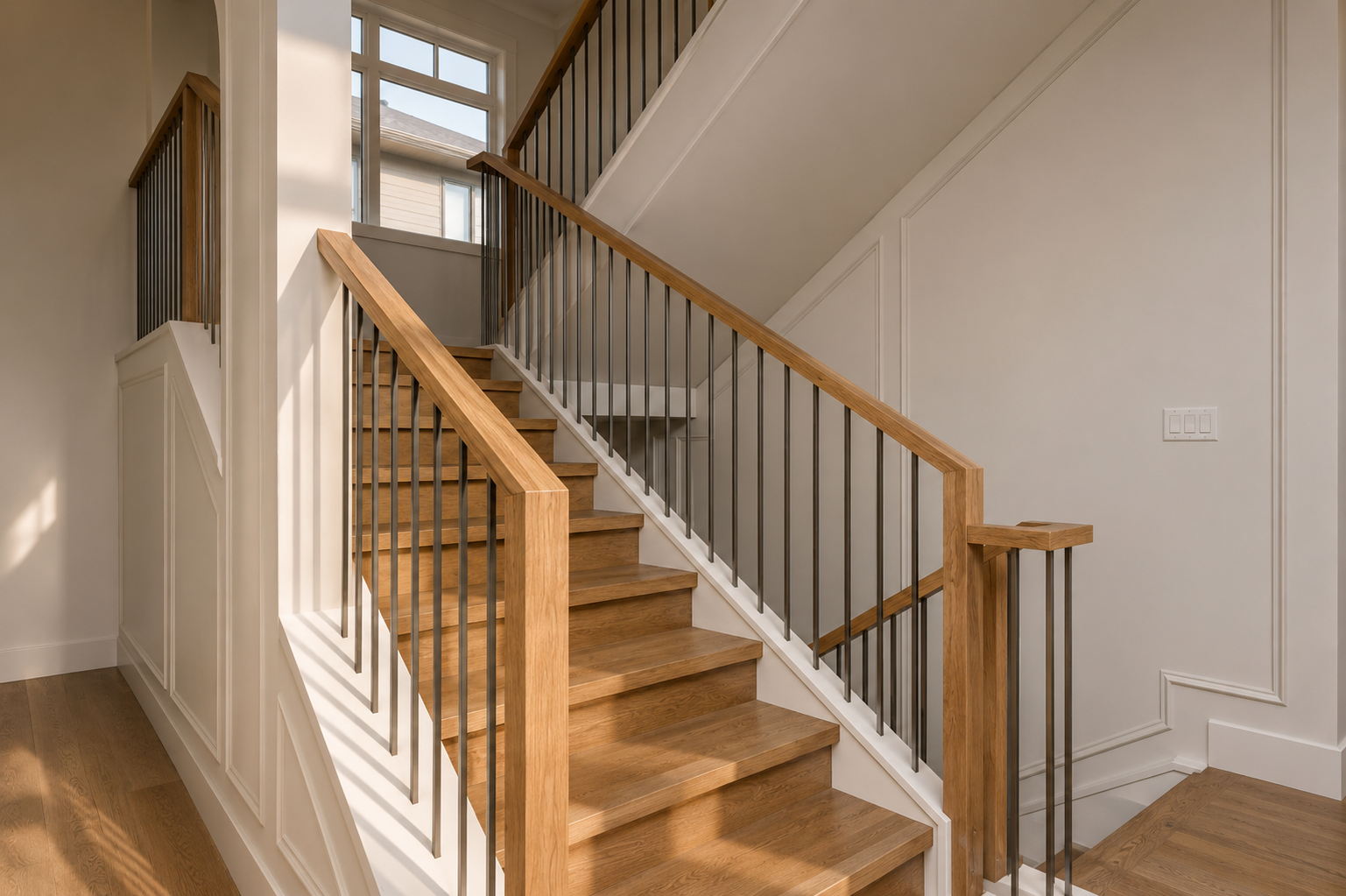 Stairwell in the Lakefront II at 12 Jardin Place in Jensen Lakes, St. Albert by Urbis Infill Homes.