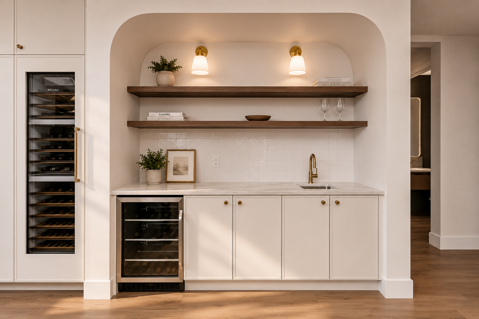 Wet bar in the Lakefront II at 12 Jardin Place in Jensen Lakes, St. Albert by Urbis Infill Homes.