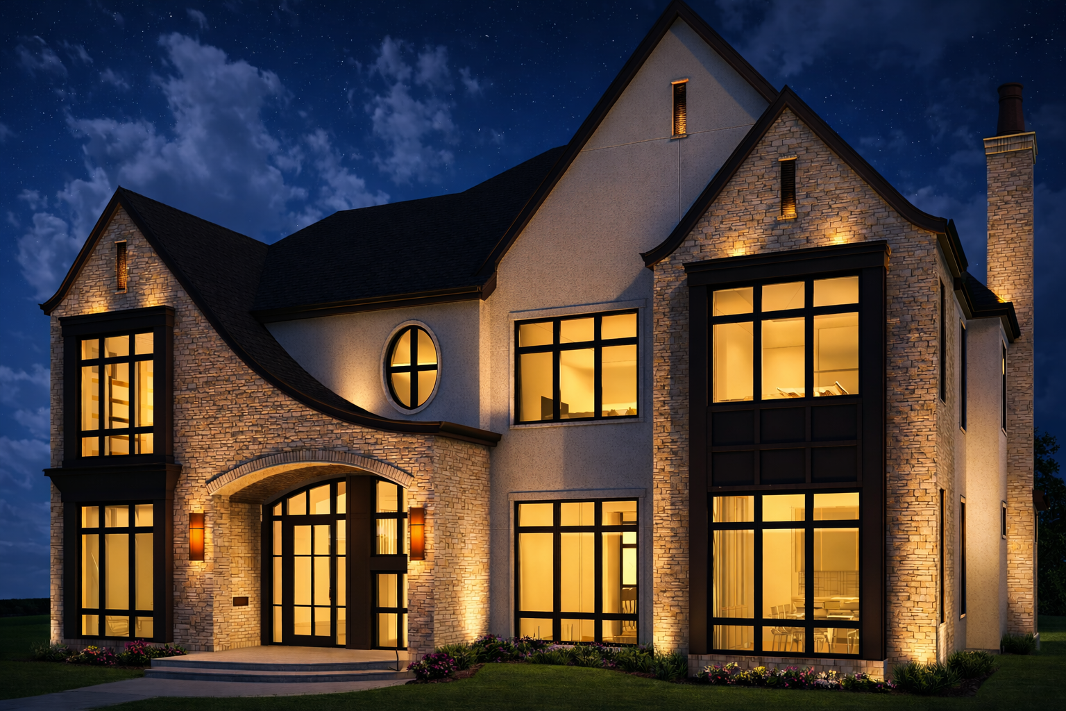 Night exterior render of Crestwood 144 Two custom home by Urbis Infill Homes in Edmonton.