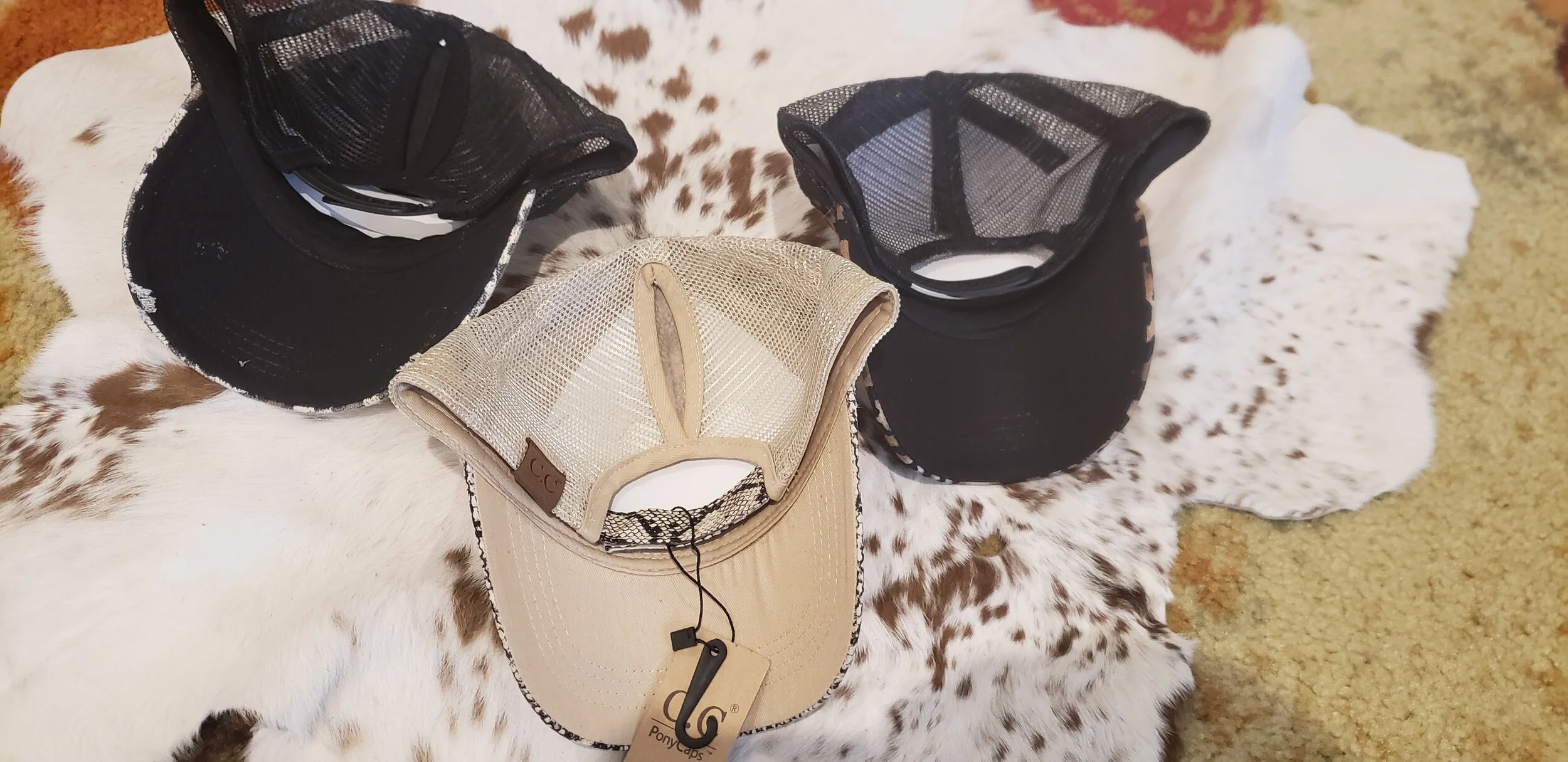 Upcycled LV Patch Distressed Trucker Hat CC Ponytail Cap Beige Gray Mesh Upcycled LV Patch on Distressed Cognac Hat – Beauty Bird Vintage main image 3