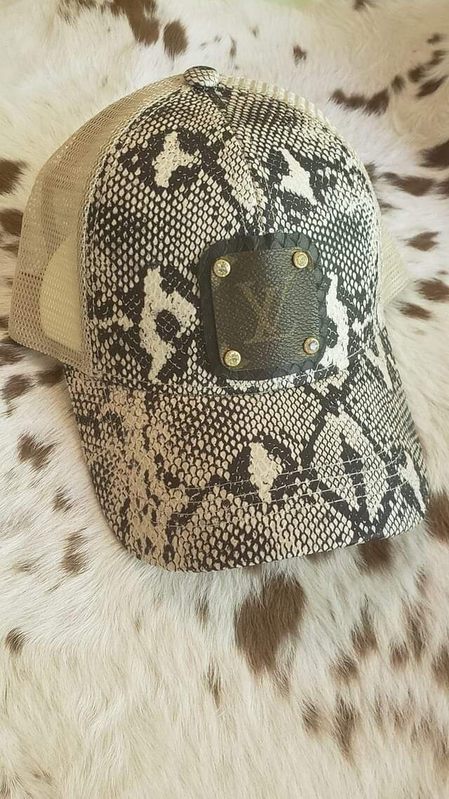 Upcycled Louis Vuitton Accented Leather Patched Camo Hat