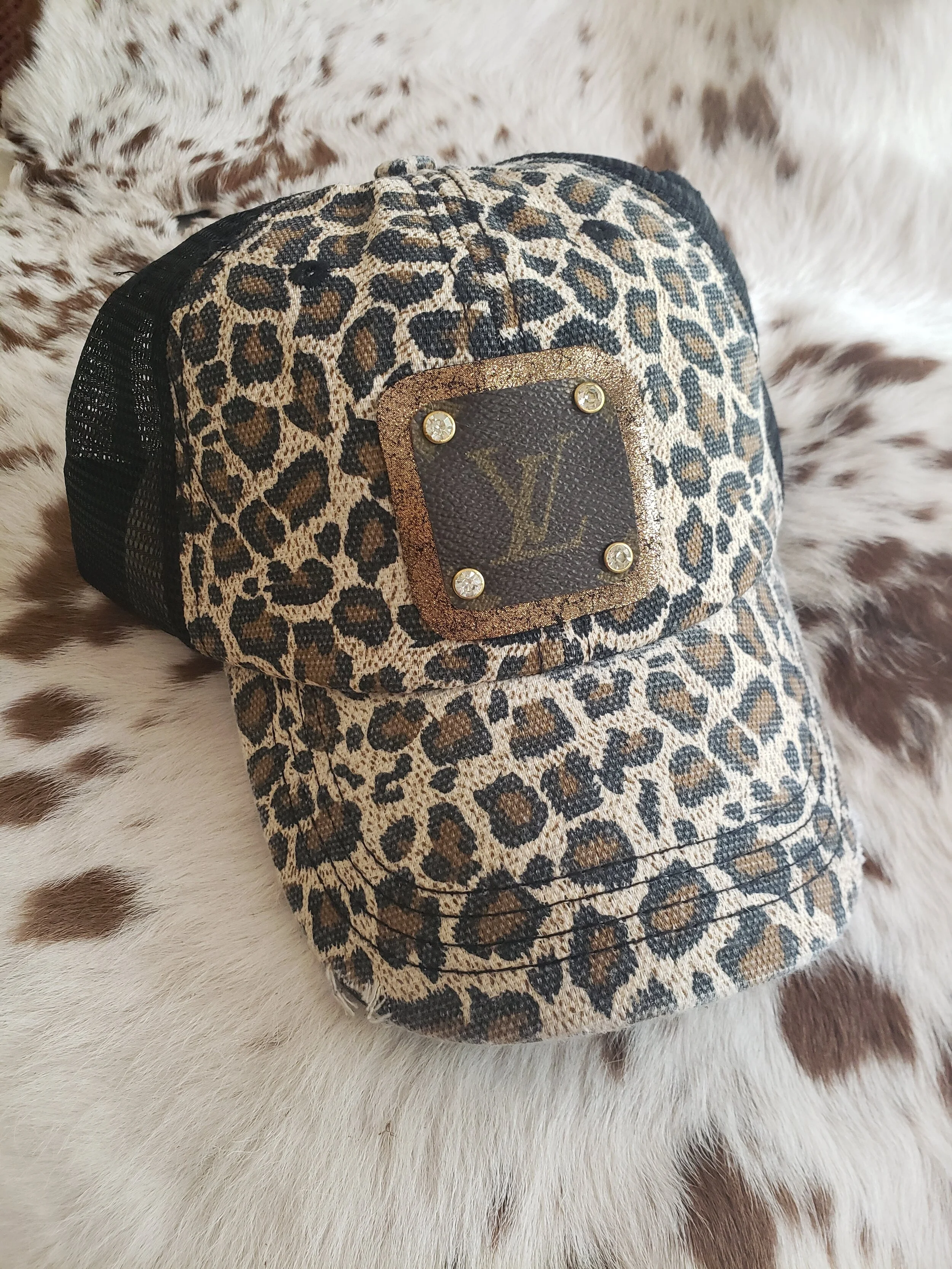 Upcycled LV Patch Distressed Trucker Hat CC Ponytail Cap Bling Gold Sparkle Mesh Upcycled Louis Vuitton keychain cardholder purse earrings hat main image 4