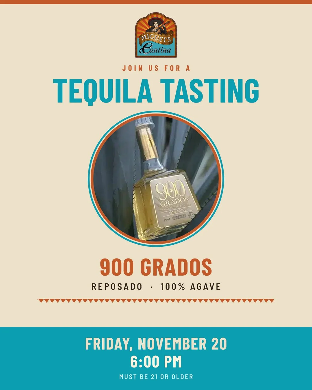 🥃 We're hosting a 900 Grados Tequila tasting! Friday, November 20 at 6pm. See you there, &iexcl;Salud!