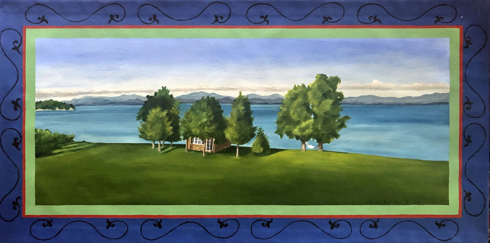 Lake Champlain, Summer, Floorcloth 2' x 4'. SOLD