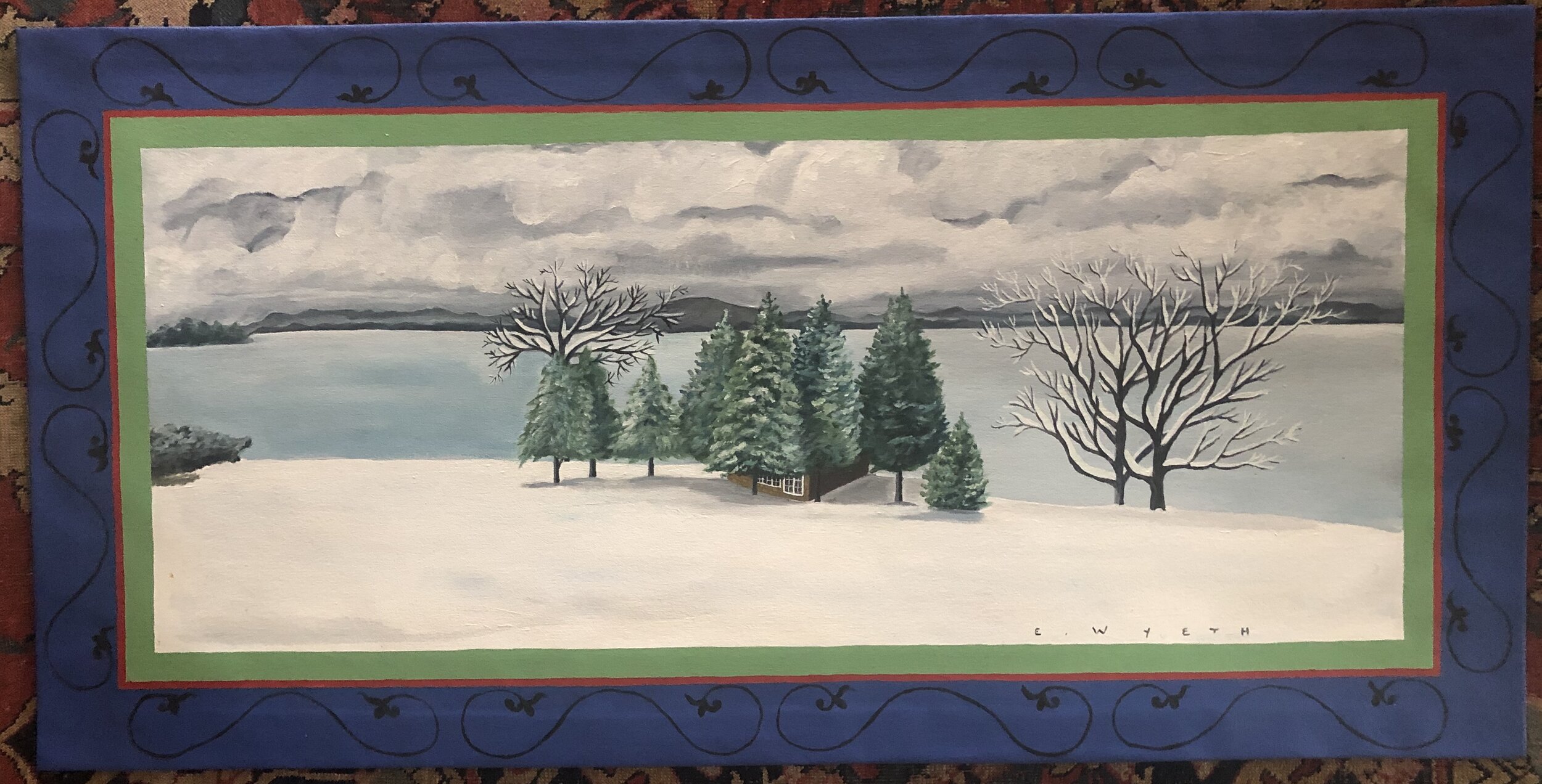 Lake Champlain, Winter, Floorcloth 2' x 4' SOLD