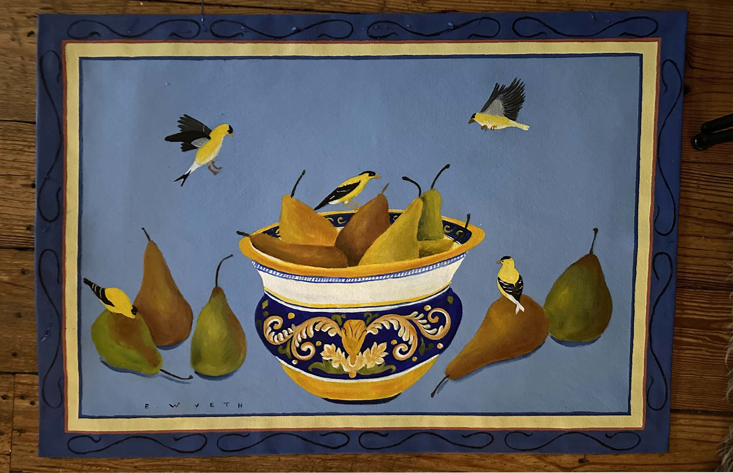 A Bowl of Pears with Goldfinches, Floorcloth