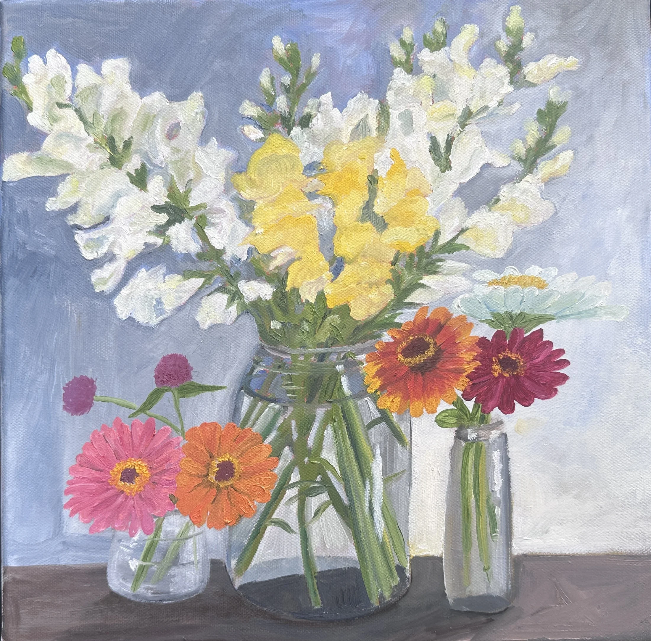 Snapdragons and zinnias, oil on linen, 12" x 12" 2026.jpg