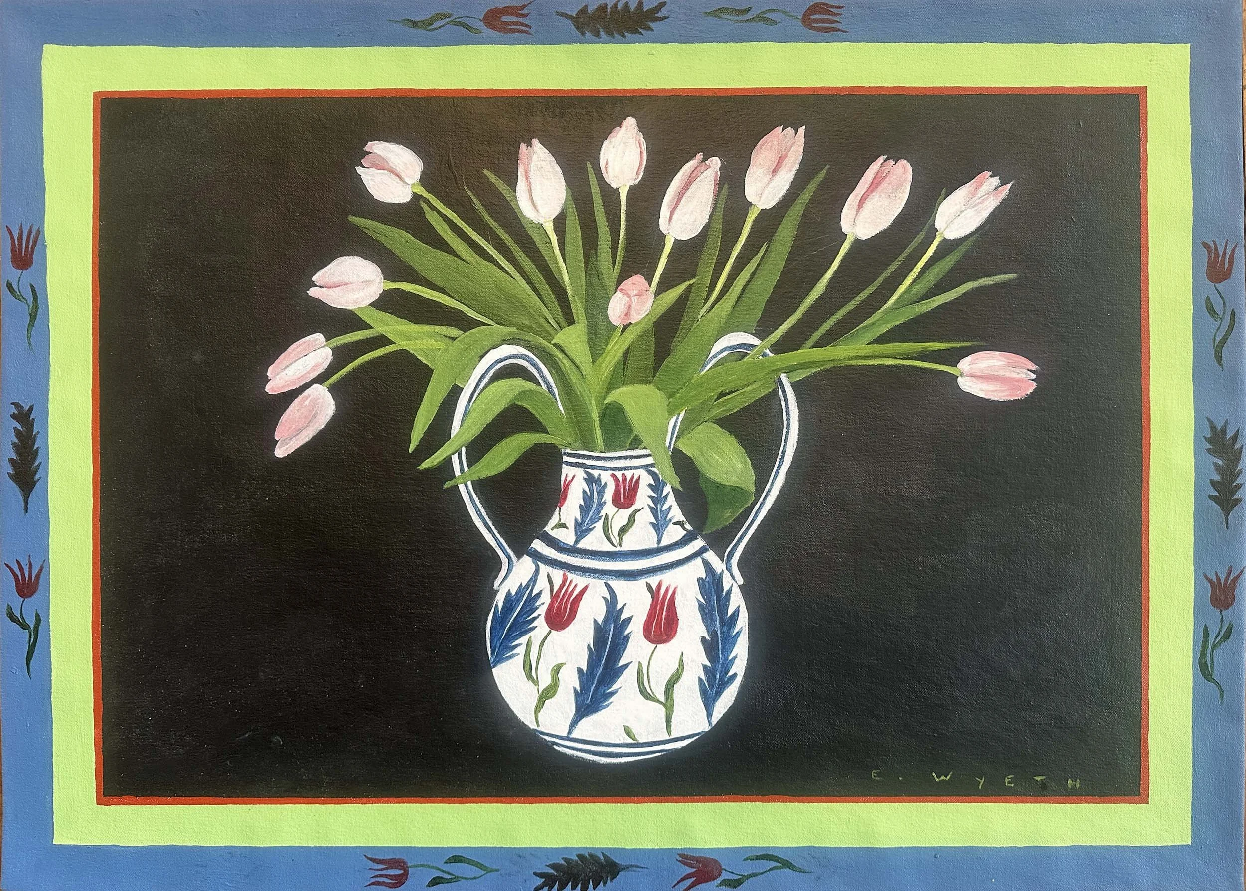 Pink Tulips on Black, Floorcloth