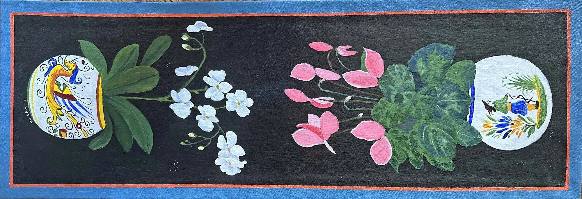 Potted Plants on Black Table Runner, acrylic on canvas 12 1/2" x 37 1/2"