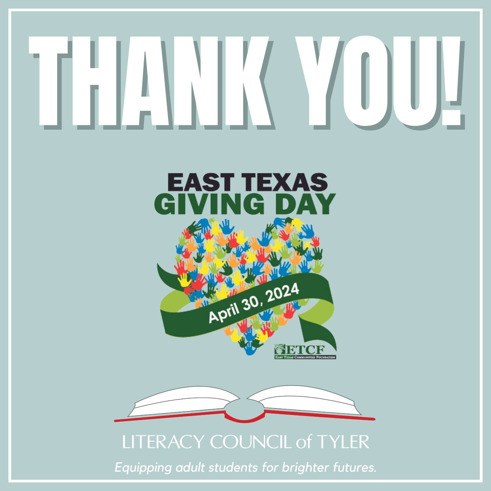 Thank you so much for your support on East Texas Giving Day!! Gifts from yesterday allow us to continue serving adult students in East Texas! #ETGD2024 

Want to learn more about Literacy Council of Tyler? Visit us at lcotyler.org or call 903-533-033