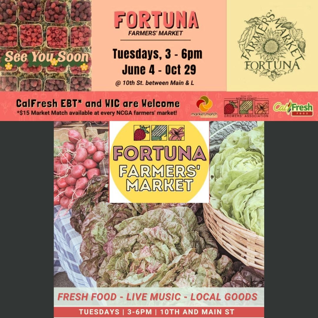 It's Farmers Market Tuesday!!!
3pm-6pm
located at 10th &amp; Main St. Fortuna
#fortunachamber #evetnsinfortuna #visitfortunacalifornia