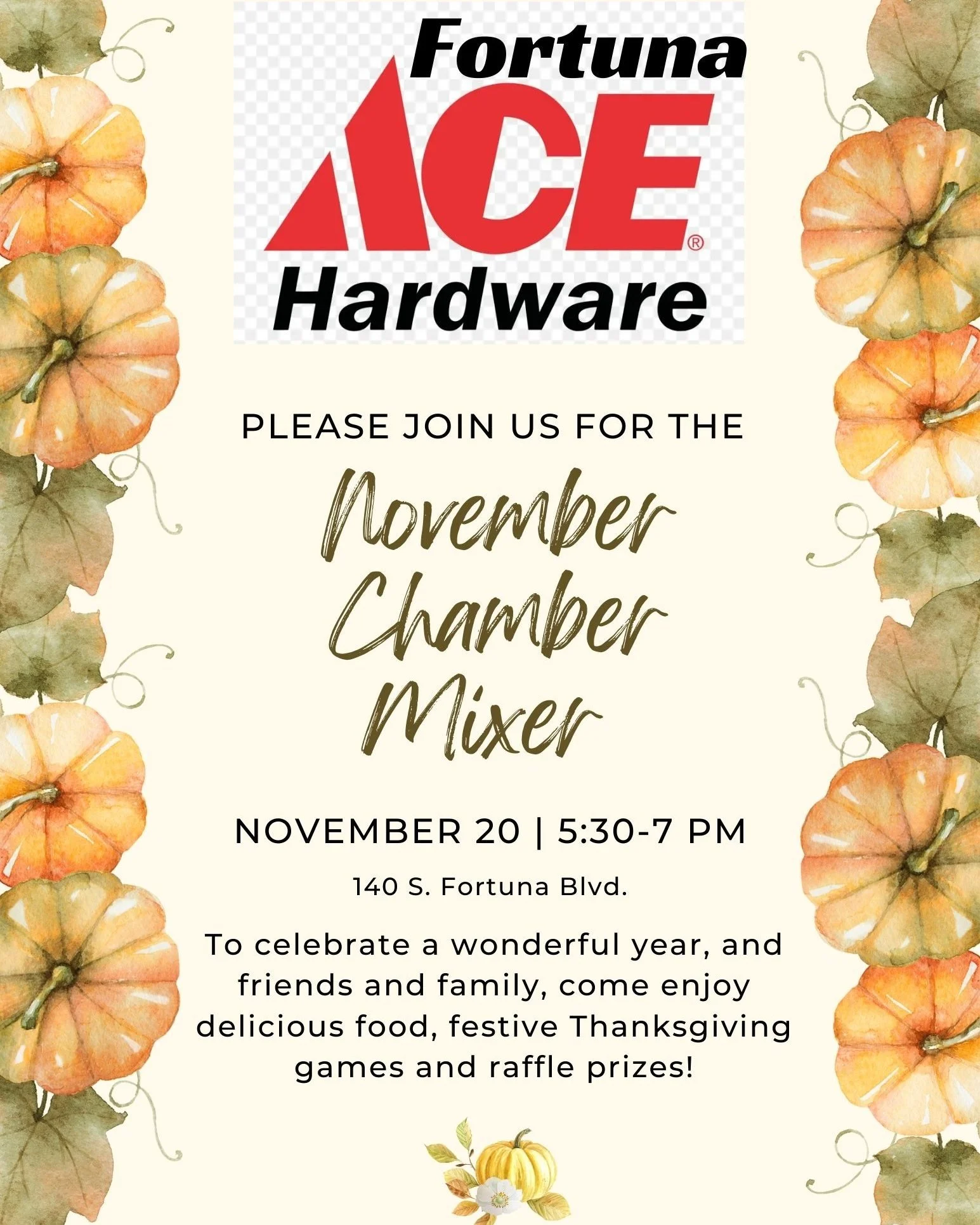 We hope to see you tomorrow night at the Fortuna Chamber November mixer hosted by Fortuna Ace Hardware and Garden 
The fun starts at 5:30pm.

#fortunachamber #businessinfortuna #fortunachambermixer #holidaysinfortuna
