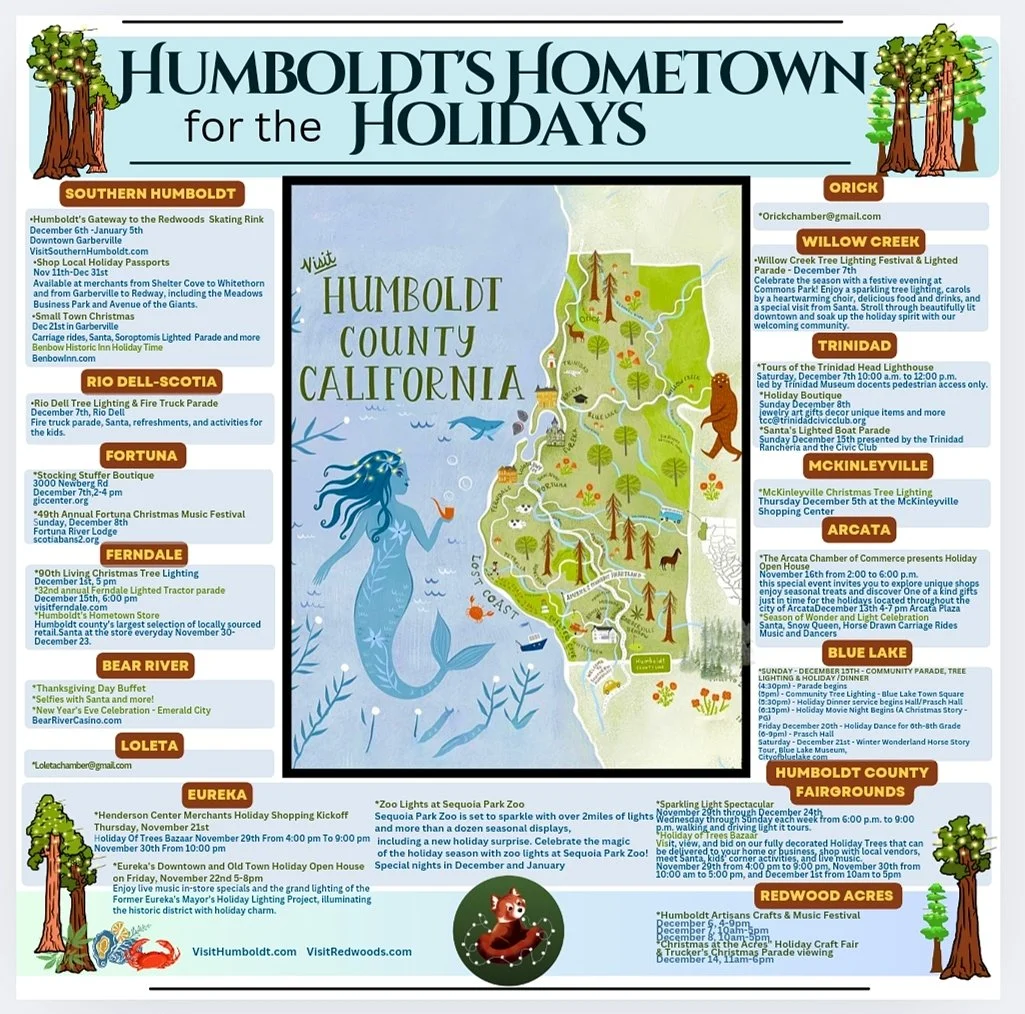 Humboldt's Hometown for the Holidays!! We added a few more events in Fortuna that didn't make it in time for the list.
Love the collaboration! 

Southern Humboldt Chamber of Commerce &amp; Visitors Center
Southern Humboldt Business &amp; Visitors Bur