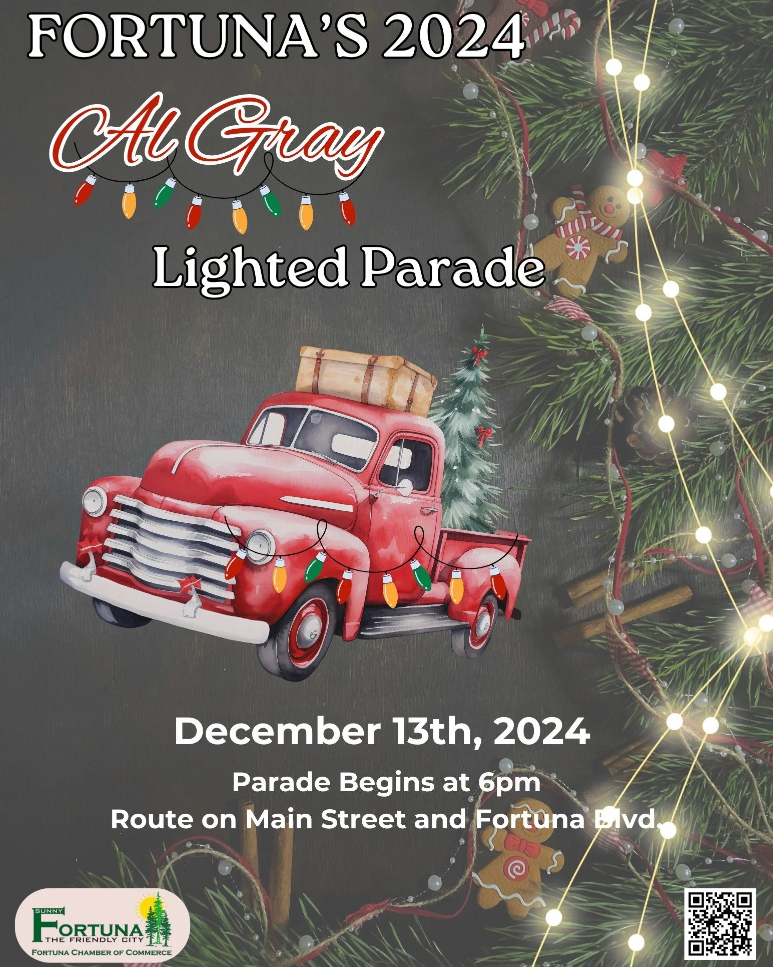 To apply to be a participant in this years Fortuna's 2024 AL Gray Lighted Parade go to our website.
https://fortunachamber.com/fortuna-shop ,stop by our office and pick up an application or request one by emailing ceo@fortunachamber.com

#fortunacham