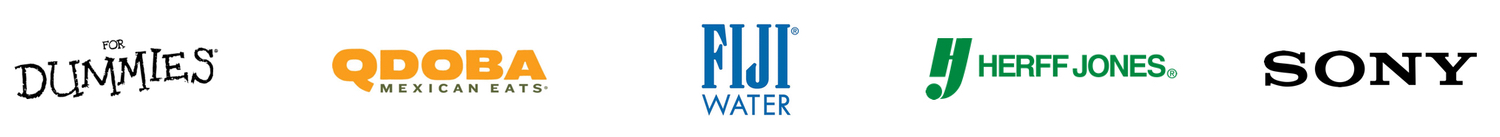 Client logos: For Dummies, Qdoba, FIJI Water, Herff Jones, and SONY.