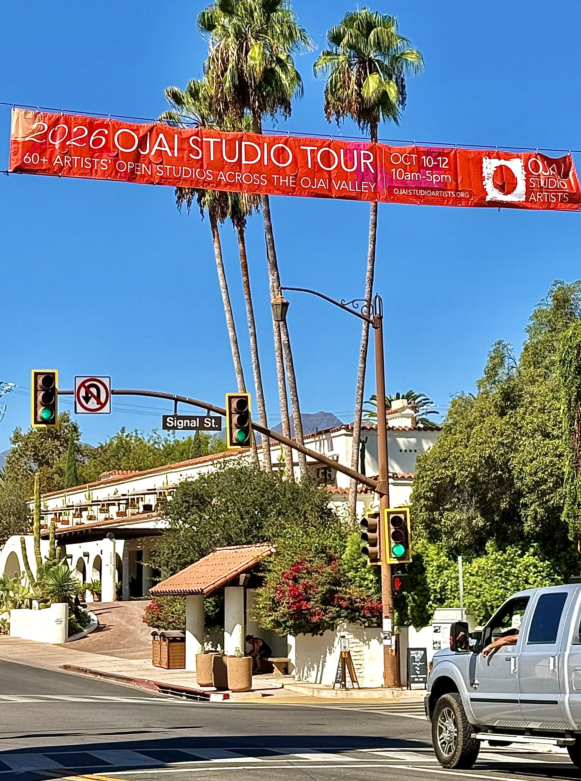 Our Open Studio Tour Banner stretched from the Ojai Post Office across to the Arcade, centerof Ojai