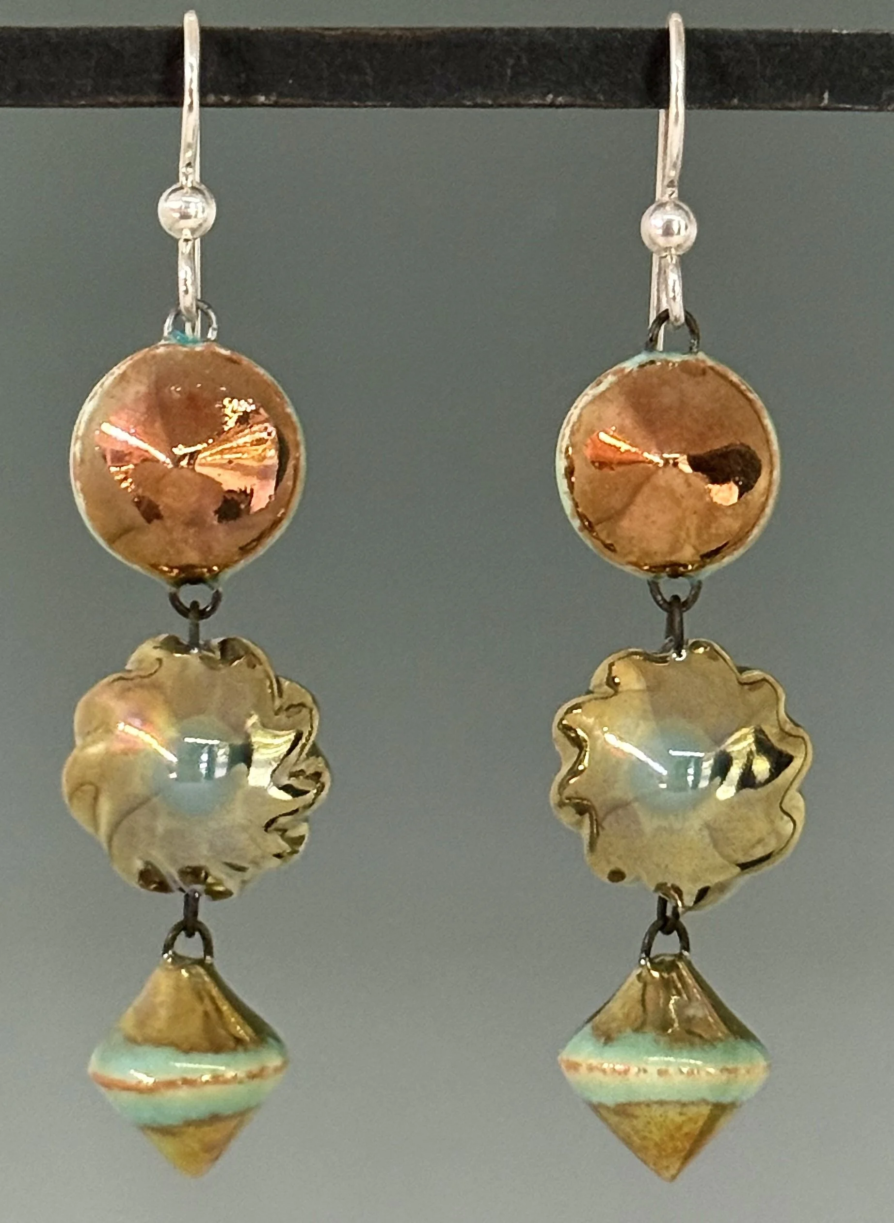 Three bead pair ceramic earrings with SS ear-wires.