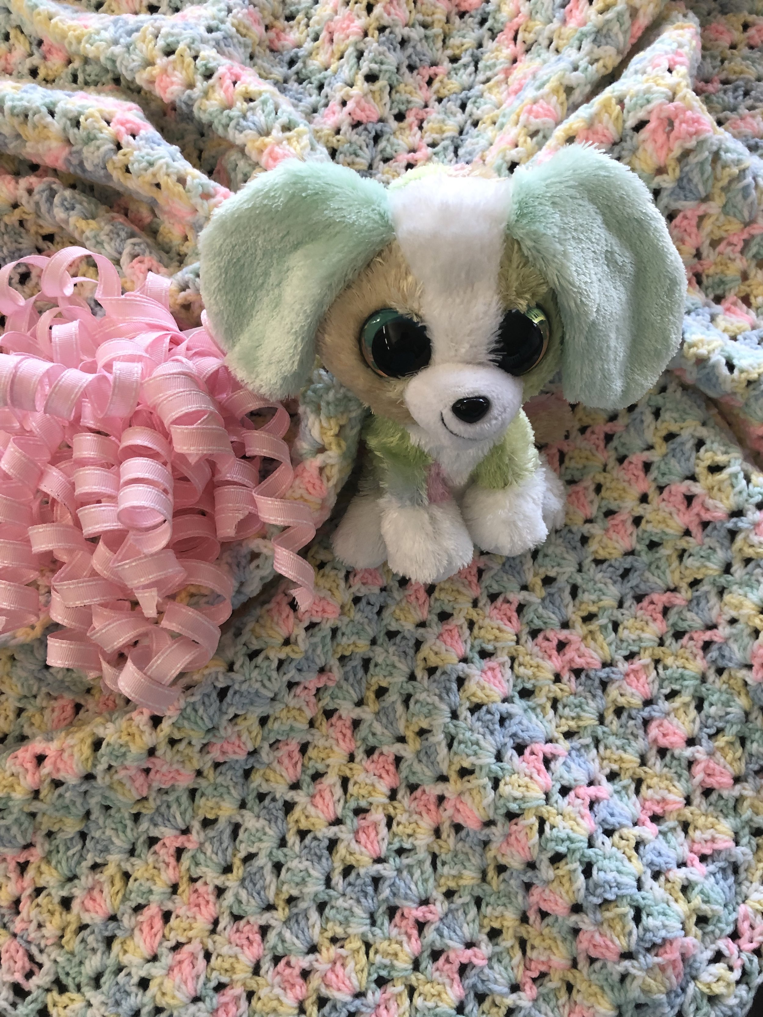 Item #E106 - Variegated Crochet Shell Stitch Blanket &amp; Booties