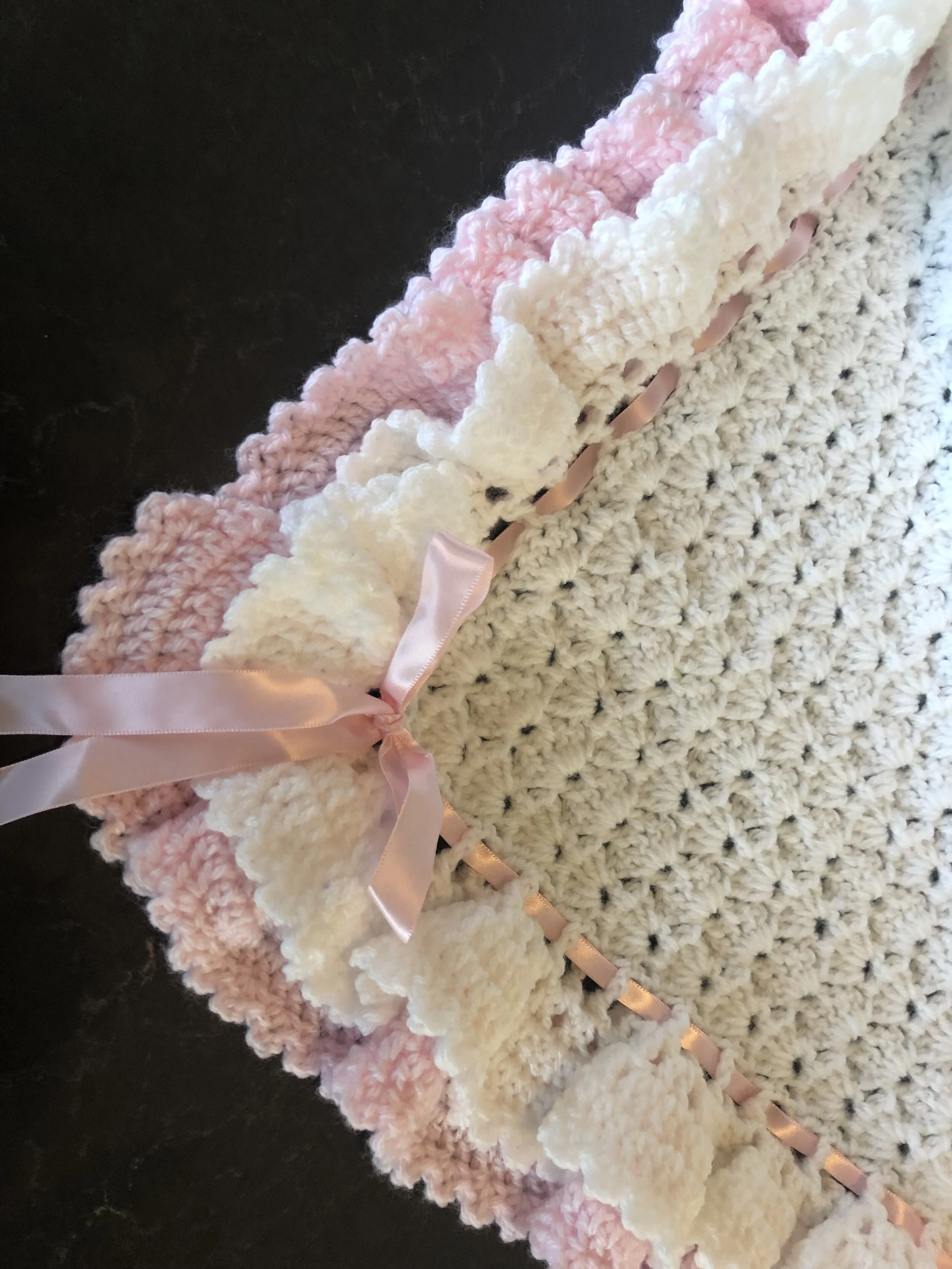 Item #C1016 - Ruffles and Ribbons Pink and White Crochet Blanket