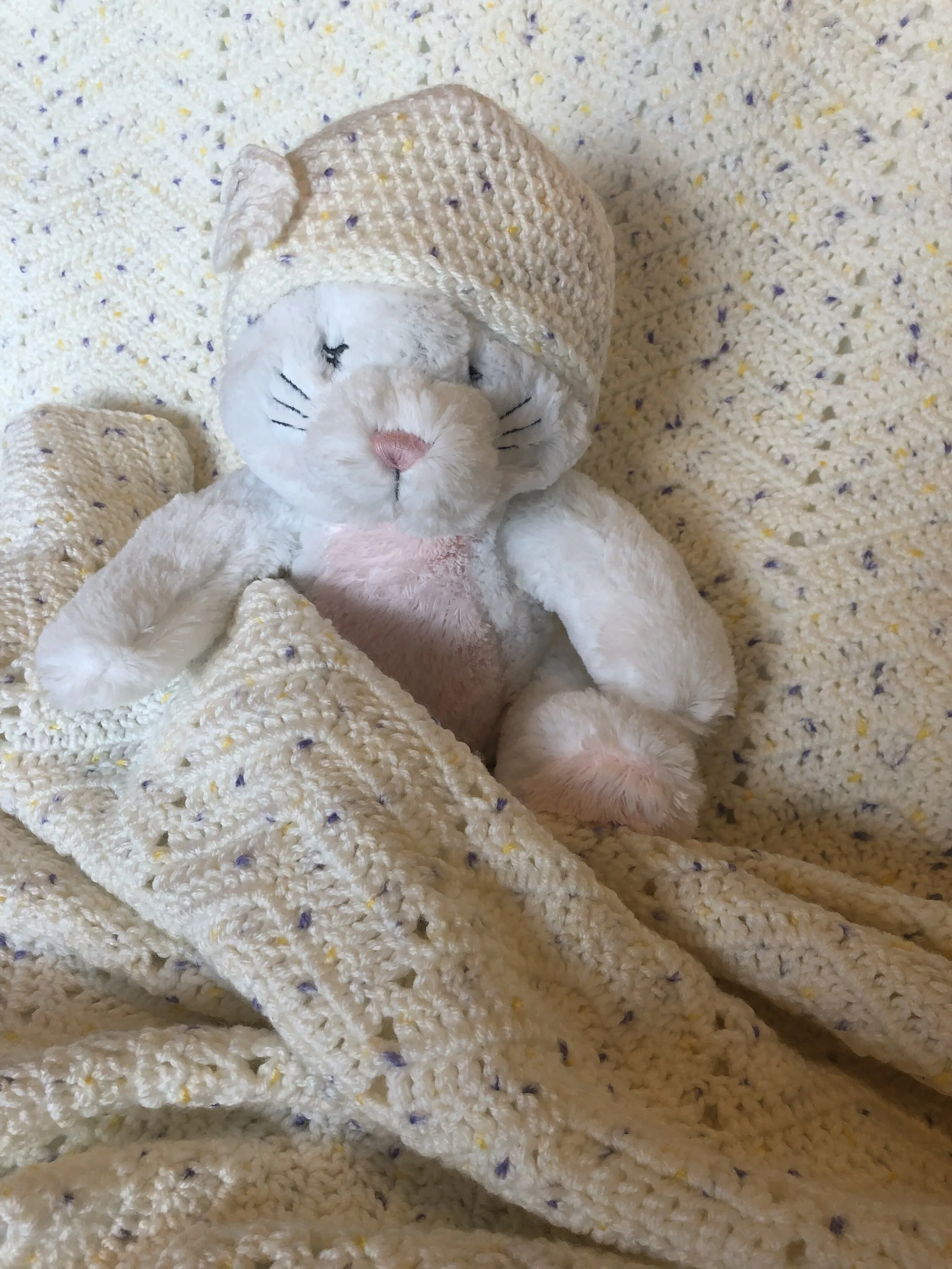 Item #E118 - Ivory Variegated Crochet Crib Blanket and Hat