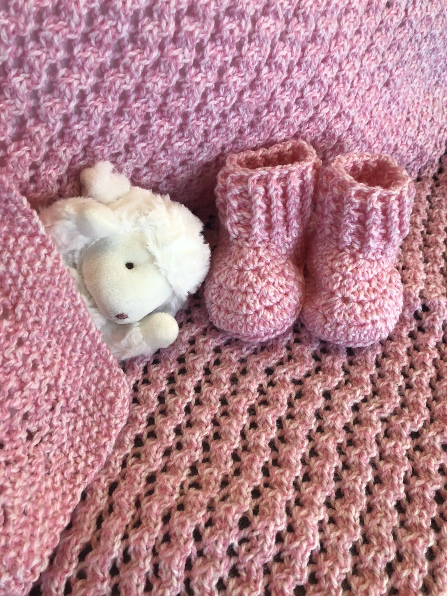 Item #E126 - Variegated Pink &amp; White Knit Blanket and Booties
