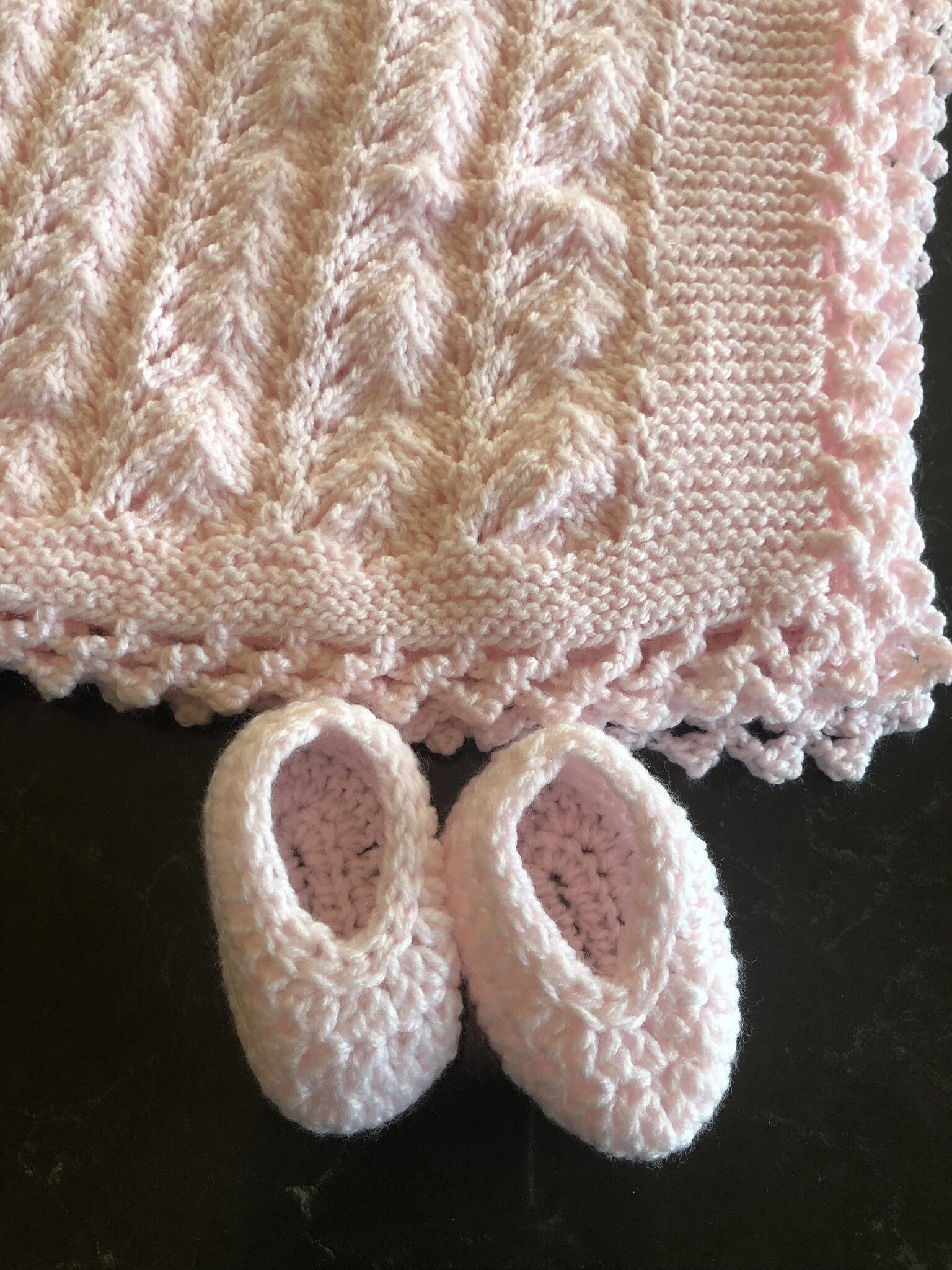 Item #E125 - Variegated Pink Knit and Crochet Blanket and Booties