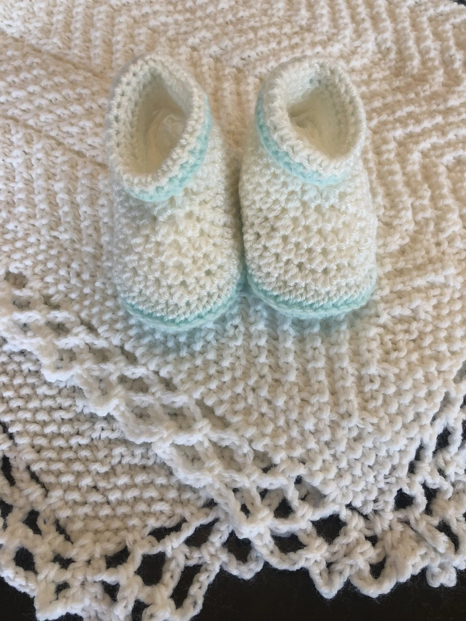 Item #E110 - White Knit Chevron Stitch  Blanket and Booties