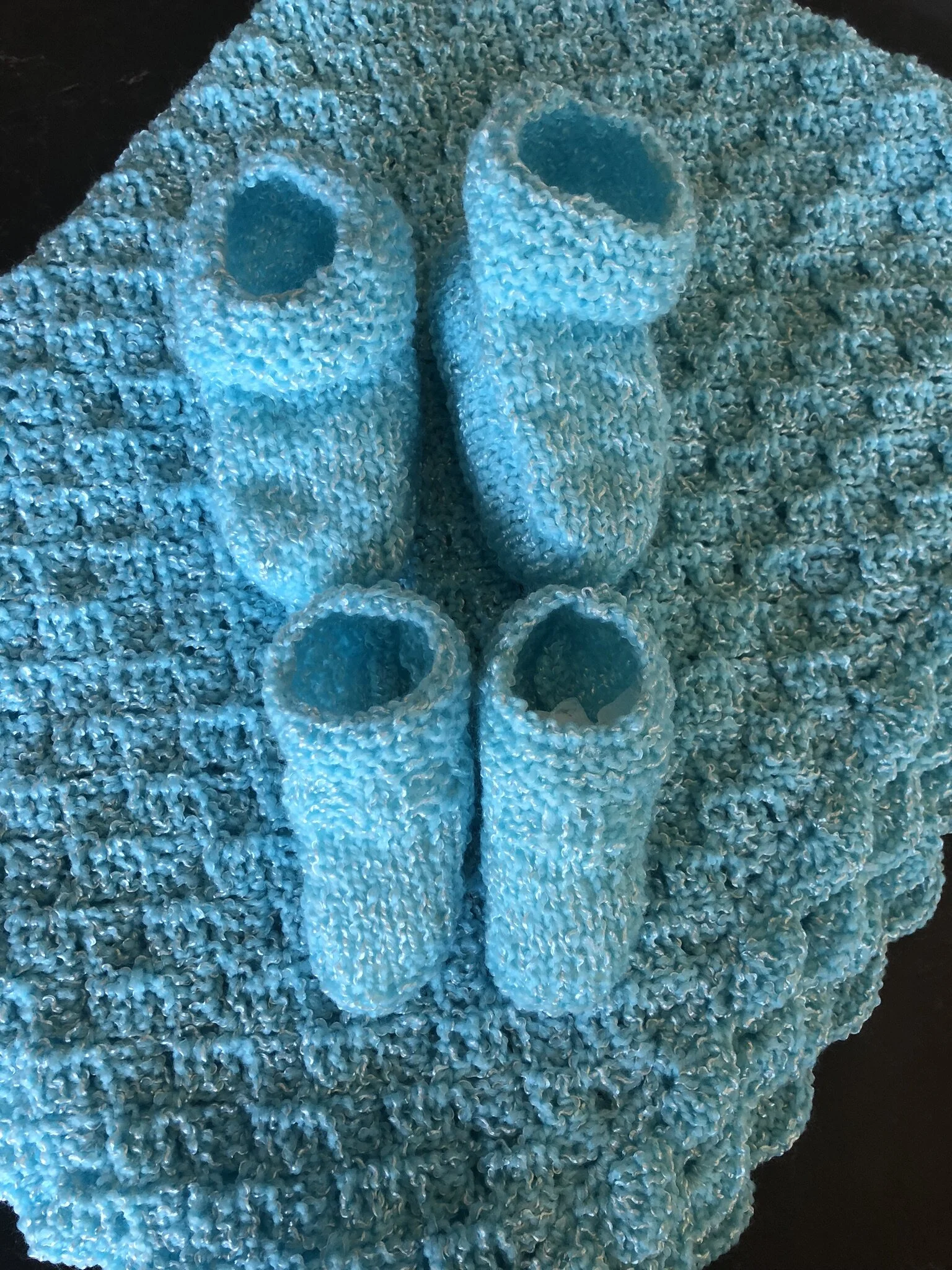 Item #E120 - Variegated Turquoise &amp; White Crochet Blanket and Booties