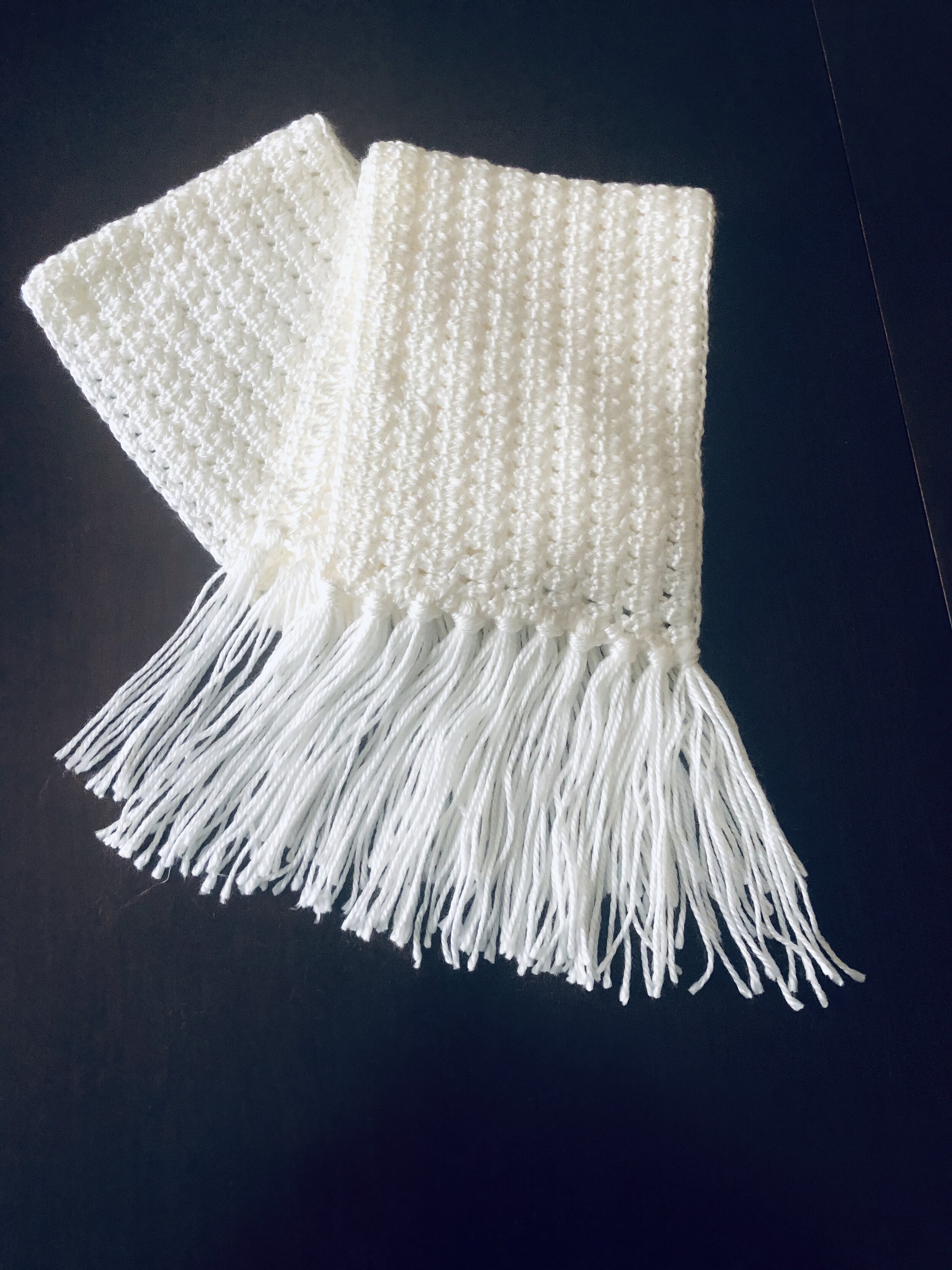 Item #C1032 - White Crochet Scarf With Fringe