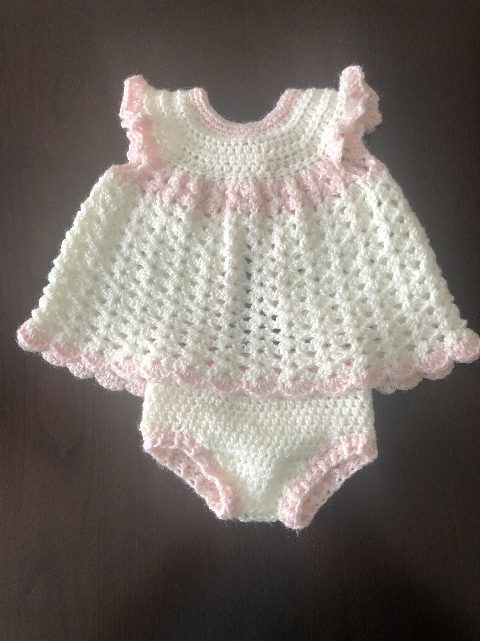 Item #C1048 - Pink and White Crochet Sundress and Ruffled Diaper Cover