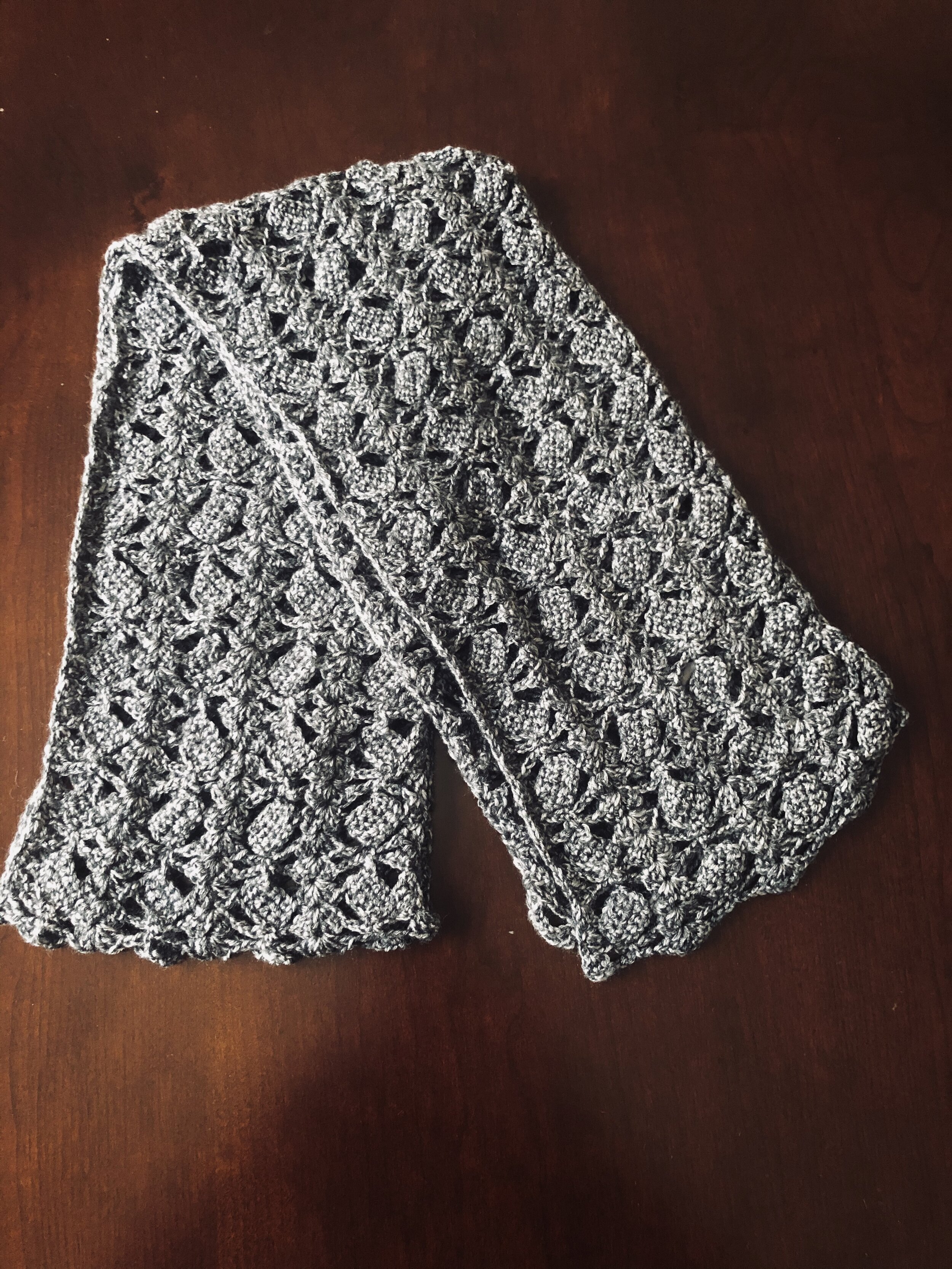 Item #C1047 - Variegated Dark Grey and Crochet White Scarf