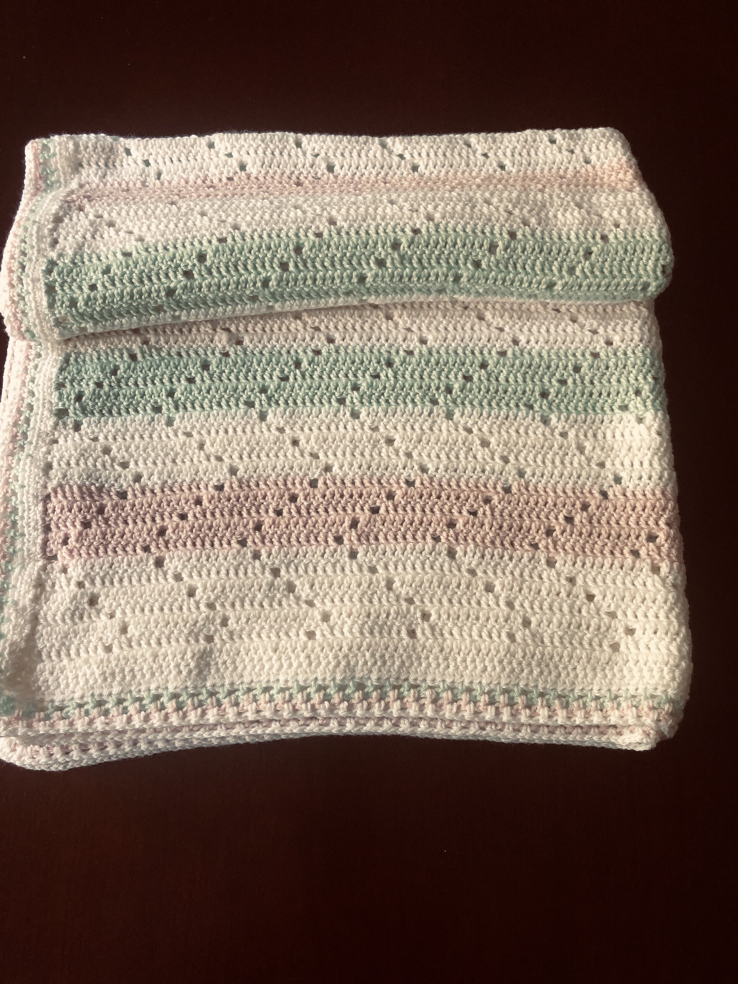 Item #C1063 - Crochet Pink, White and Green Stripe Blanket