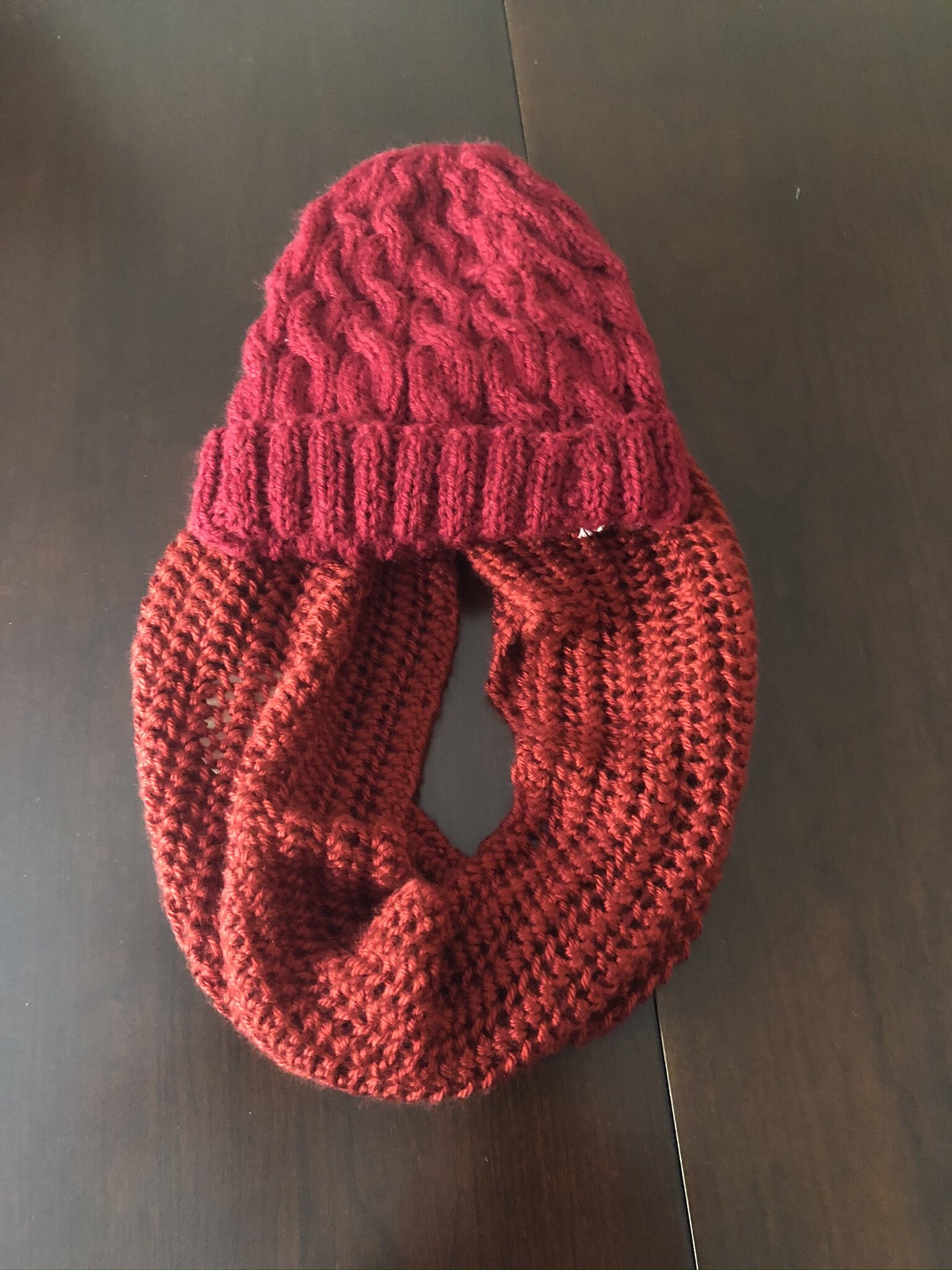 Item #E144 - Burgundy Knit Infinity Scarf and Hat