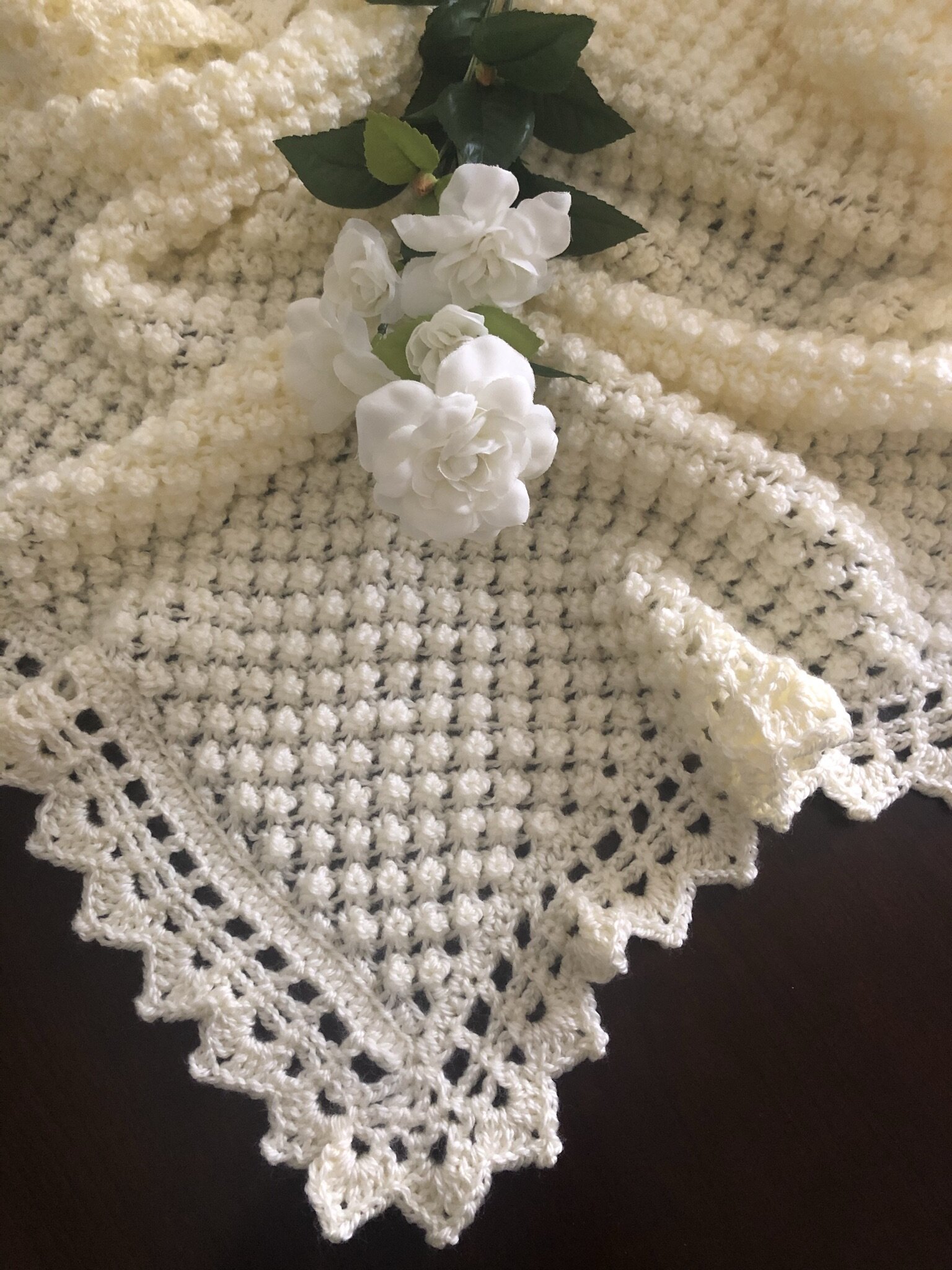 Item #E142 - Ivory White Knit &amp; Crochet Blanket 
