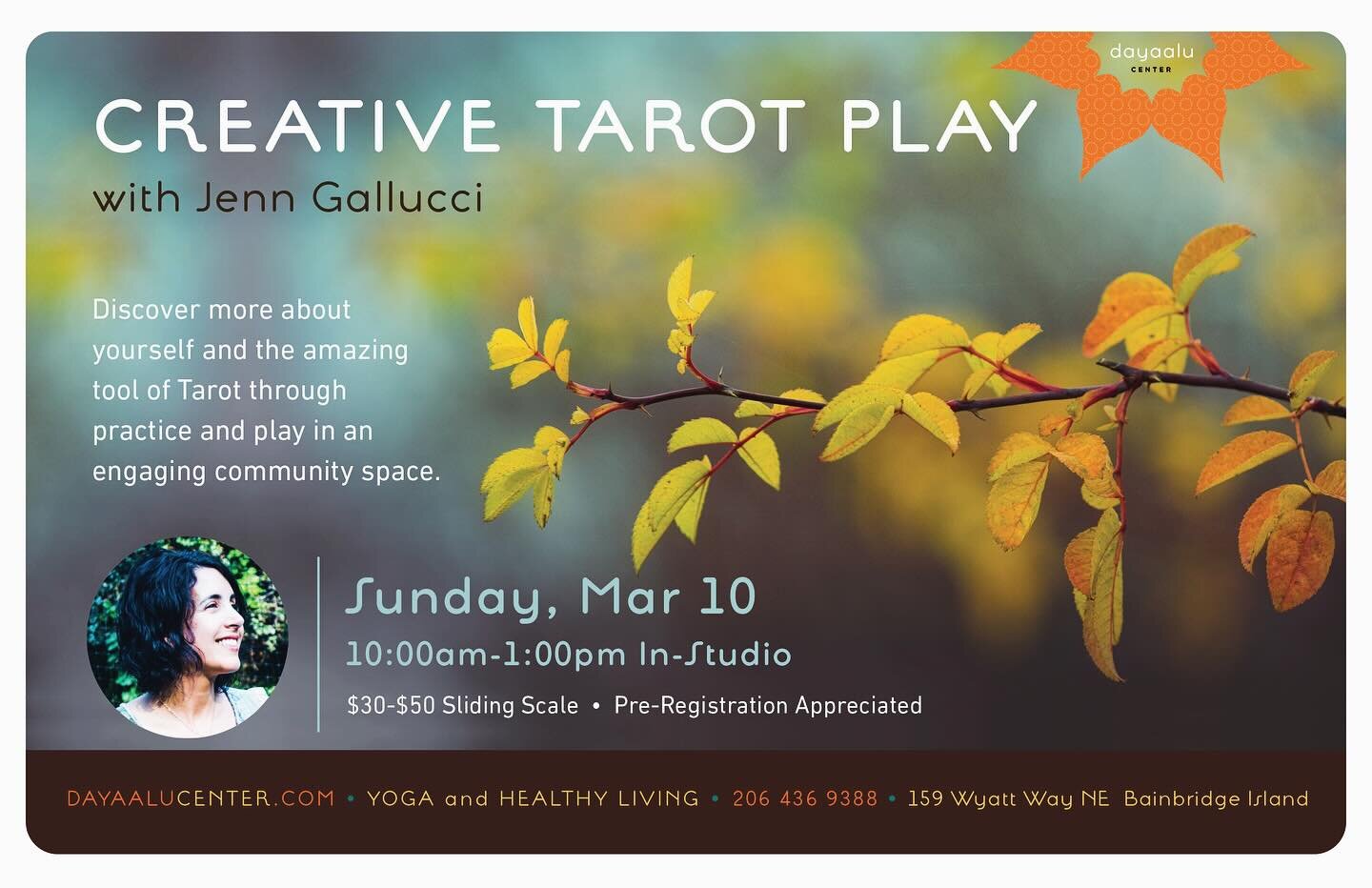 I&rsquo;m so excited to be offering tarot experiences in person again. 

Come join me and other tarot enthusiasts on Sunday, March 10th, 10-1pm at Dayaalu Center on Bainbridge Island. 

Discover more about yourself and the amazing tool of tarot throu