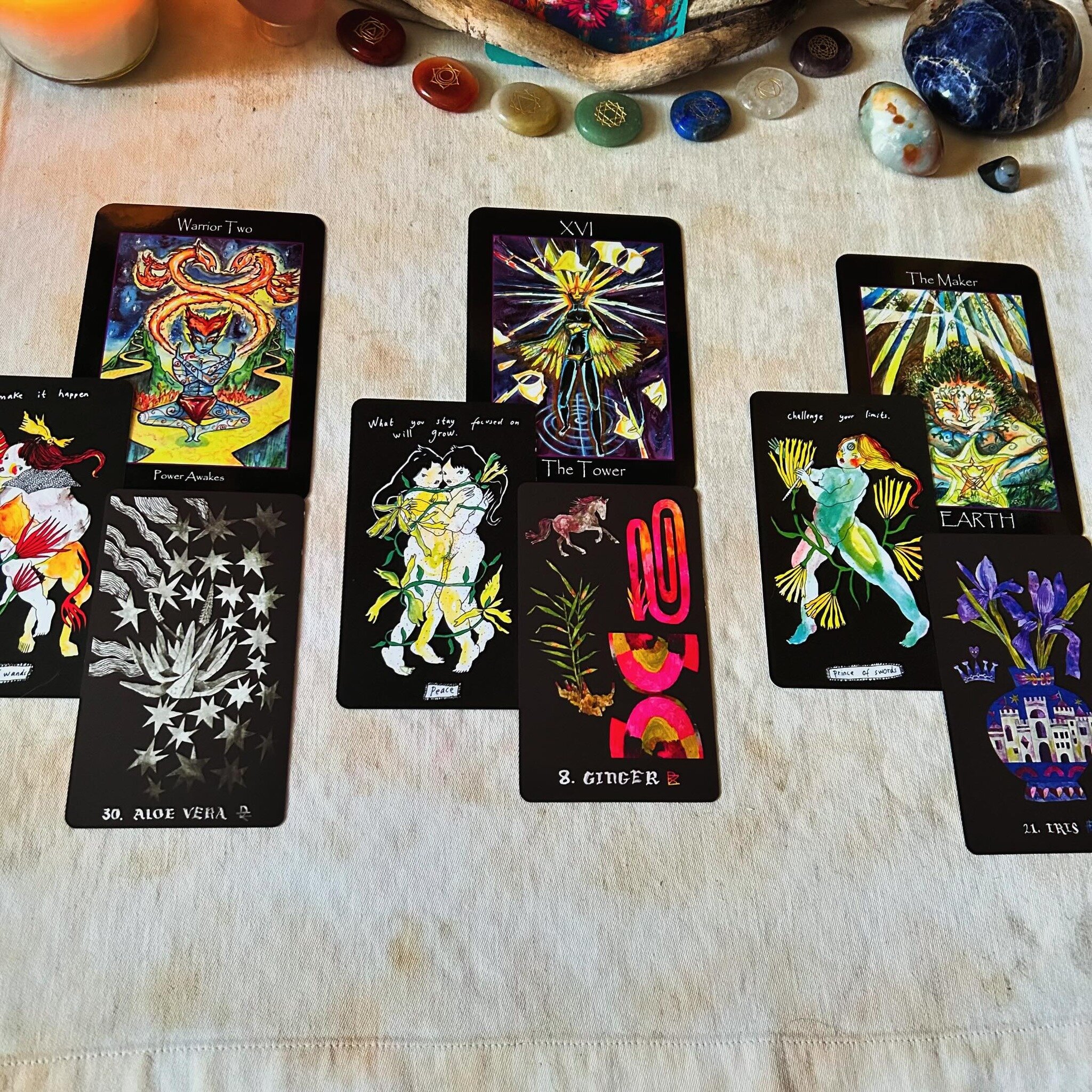 I&rsquo;m loving this &ldquo;riotous color on black&rdquo; deck combo that emerged in my #morningtarotpractice . 

Decks featured:
#tarotofthesiddhe 
#outgrowyourselforacleandtarot 
#dirtgemsoracledeck 

For all tarot enthusiasts and newbies in the  