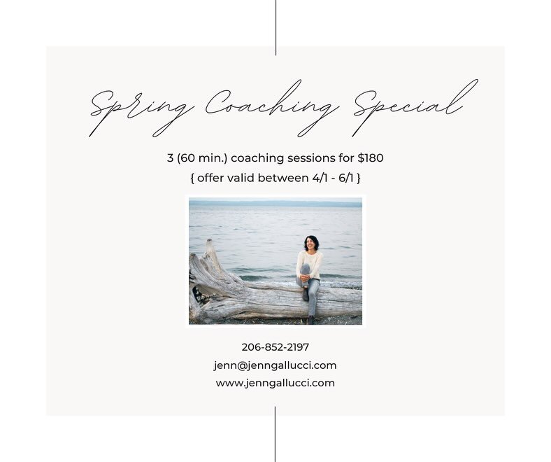 This spring, as part of my training to become an ICF-accredited coach and finish my masters in transpersonal psychology I&rsquo;m offering a coaching special. 

3 (60 min) coaching sessions for $180

Personal coaching is a supportive space to envisio