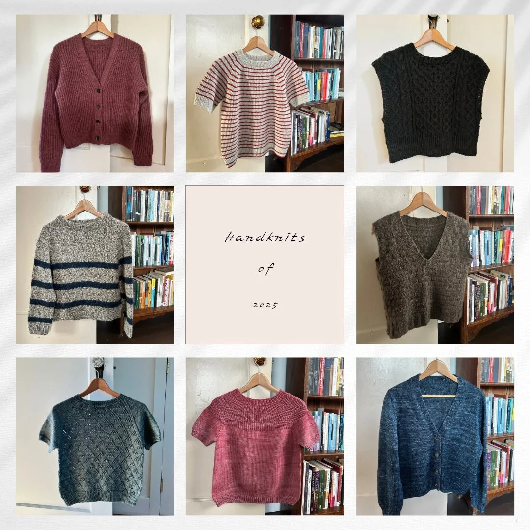2025 was a fun knitting year, especially considering I began with a yarn budget of zero. 

All of the yarn I knit with was gifted (thank you @theo_knits ), thrifted, or unraveled and reused from previous projects, except for the #agnetecardigan (whic