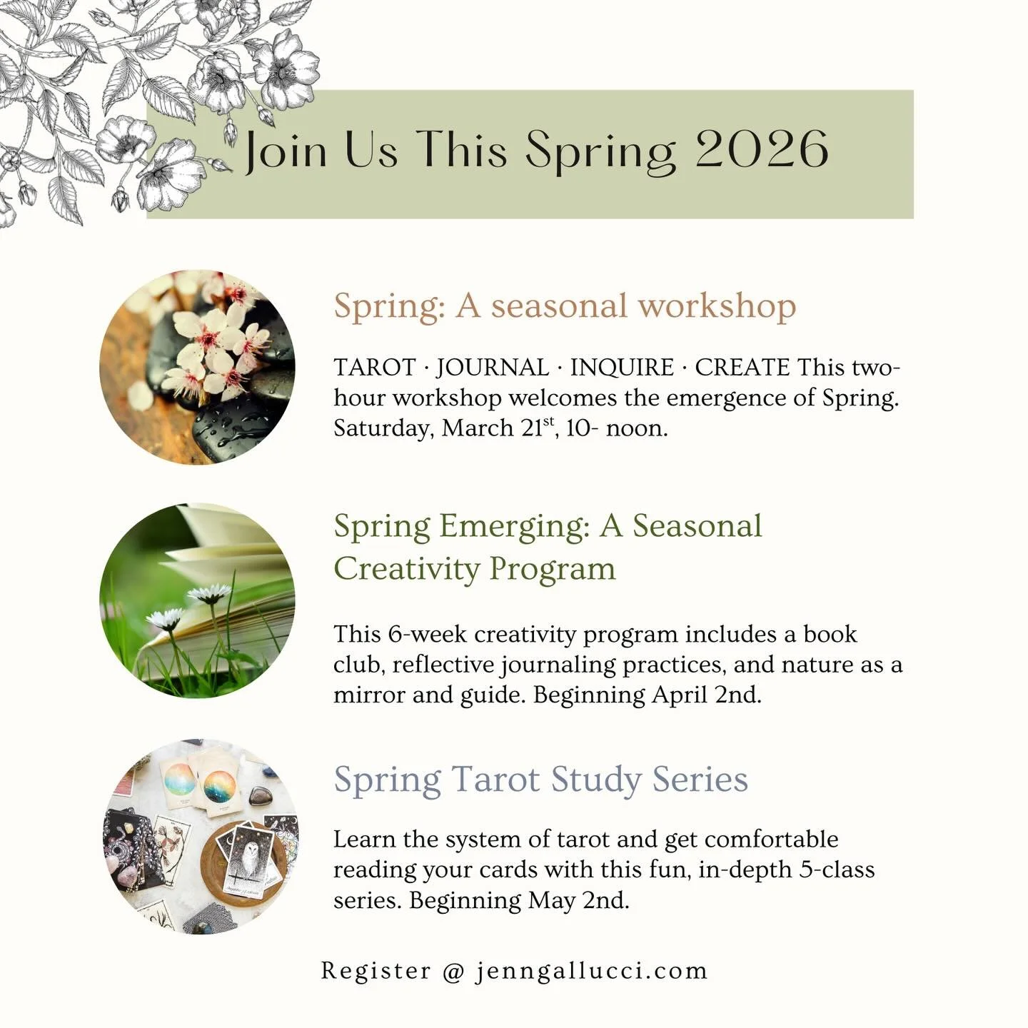 Caring for the soul is not a disconnection. It&rsquo;s a deeper connection. Even and more importantly when the world and culture feels chaotic. 

These seasonal offerings&mdash;Spring Workshop (3/21), Spring Emerging: A Seasonal Creativity Program (T