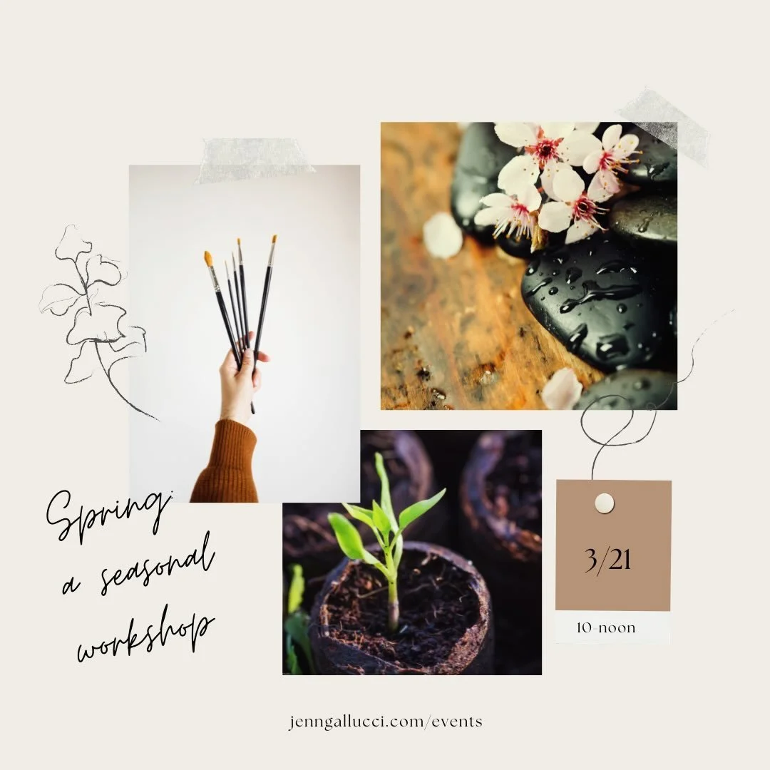 Join us to celebrate the Spring Equinox. 

Spring: A Seasonal Workshop (Saturday, 3/21, 10-noon) offers a sacred pause to center and inspire. 

Through creative inquiry practices such as free writing, tarot and oracle cards, and intuitive collage we 