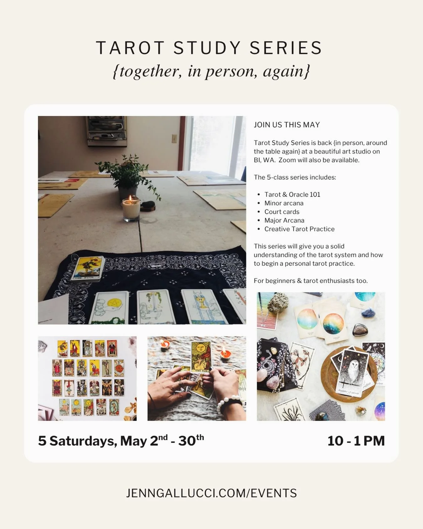 Tarot Study Series is back in-person for the first time since 2019!

We&rsquo;ll be gathering at a beautiful, cozy art studio table on Bainbridge Island that looks out on the Puget Sound. It&rsquo;s close to the ferry if you want to come over from th