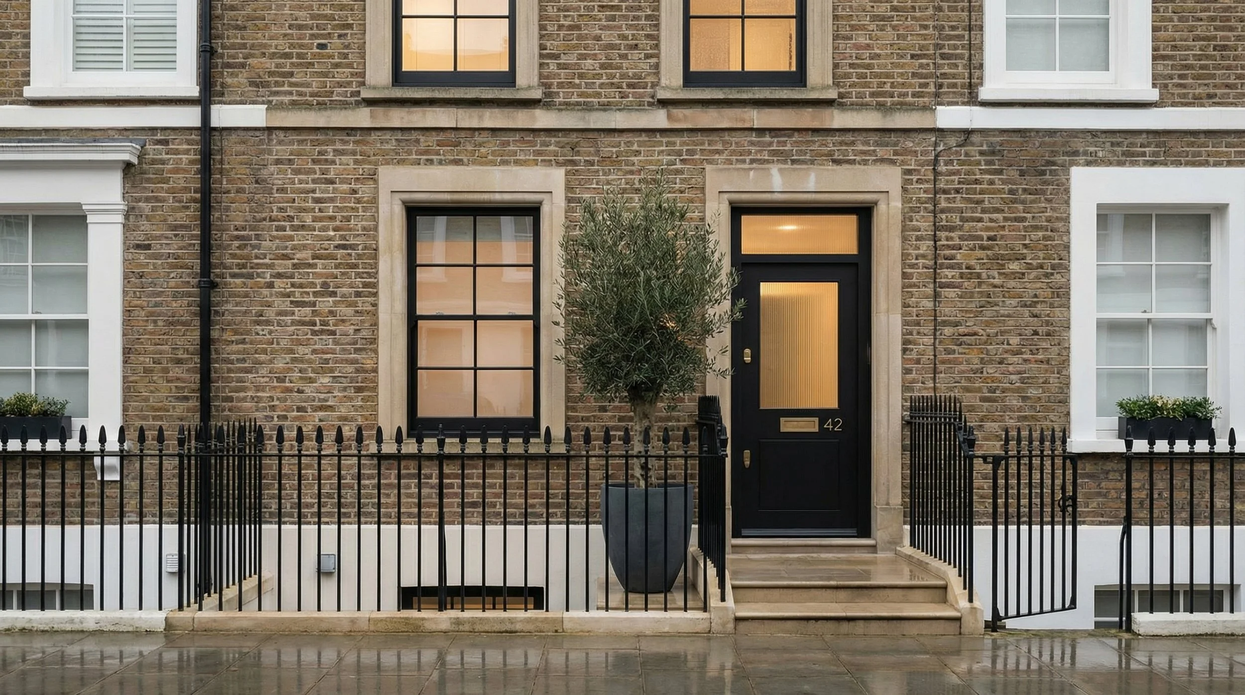 London townhouse exterior with black front door, iron railings, and refined street presence-luxury residential project by Harun Taylor Design