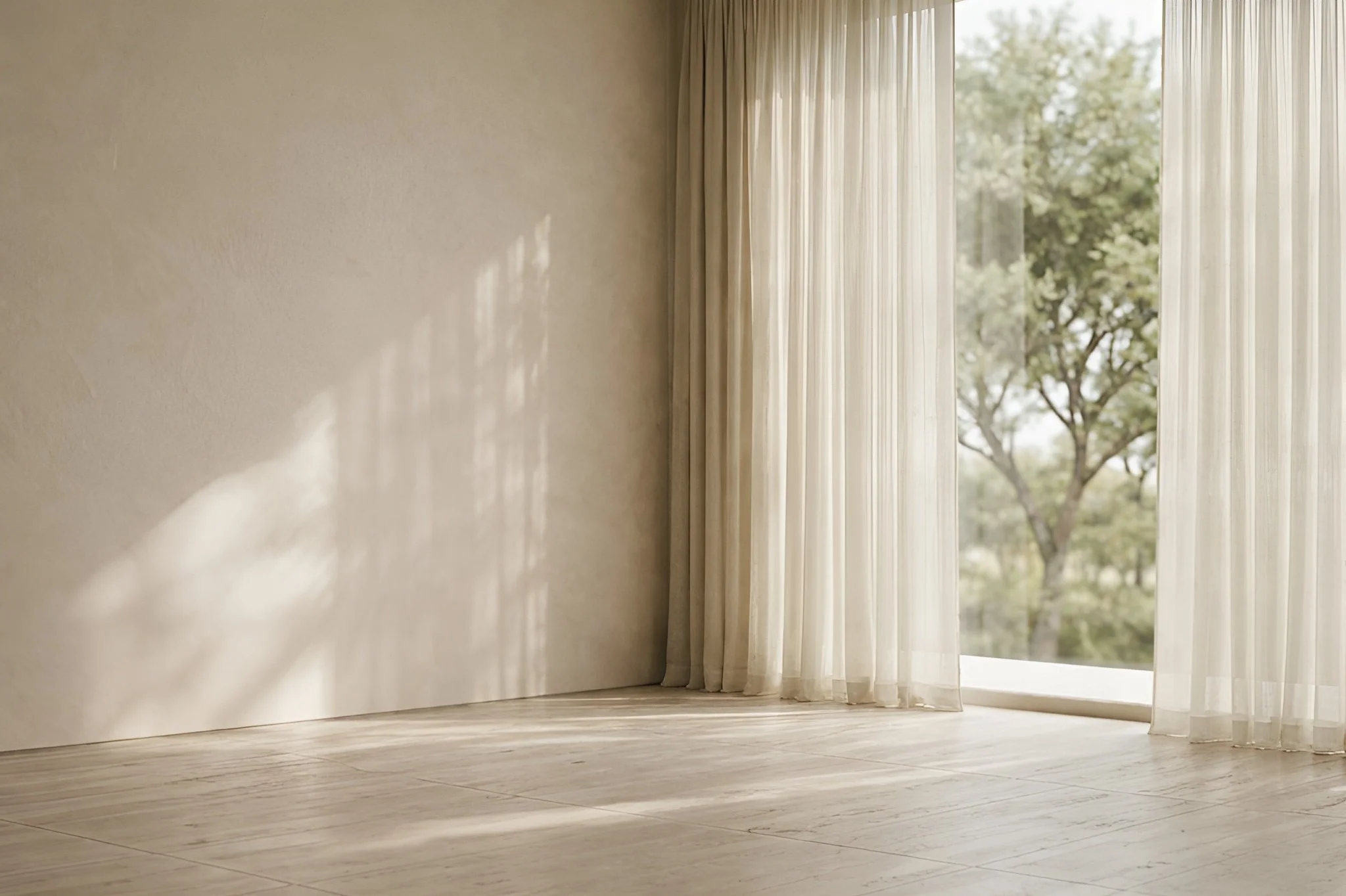 Detail of a minimalist high-end London interior featuring full-height sheer curtains, natural stone flooring, and soft diffused daylight. A serene luxury space showcasing organic textures and architectural purity.