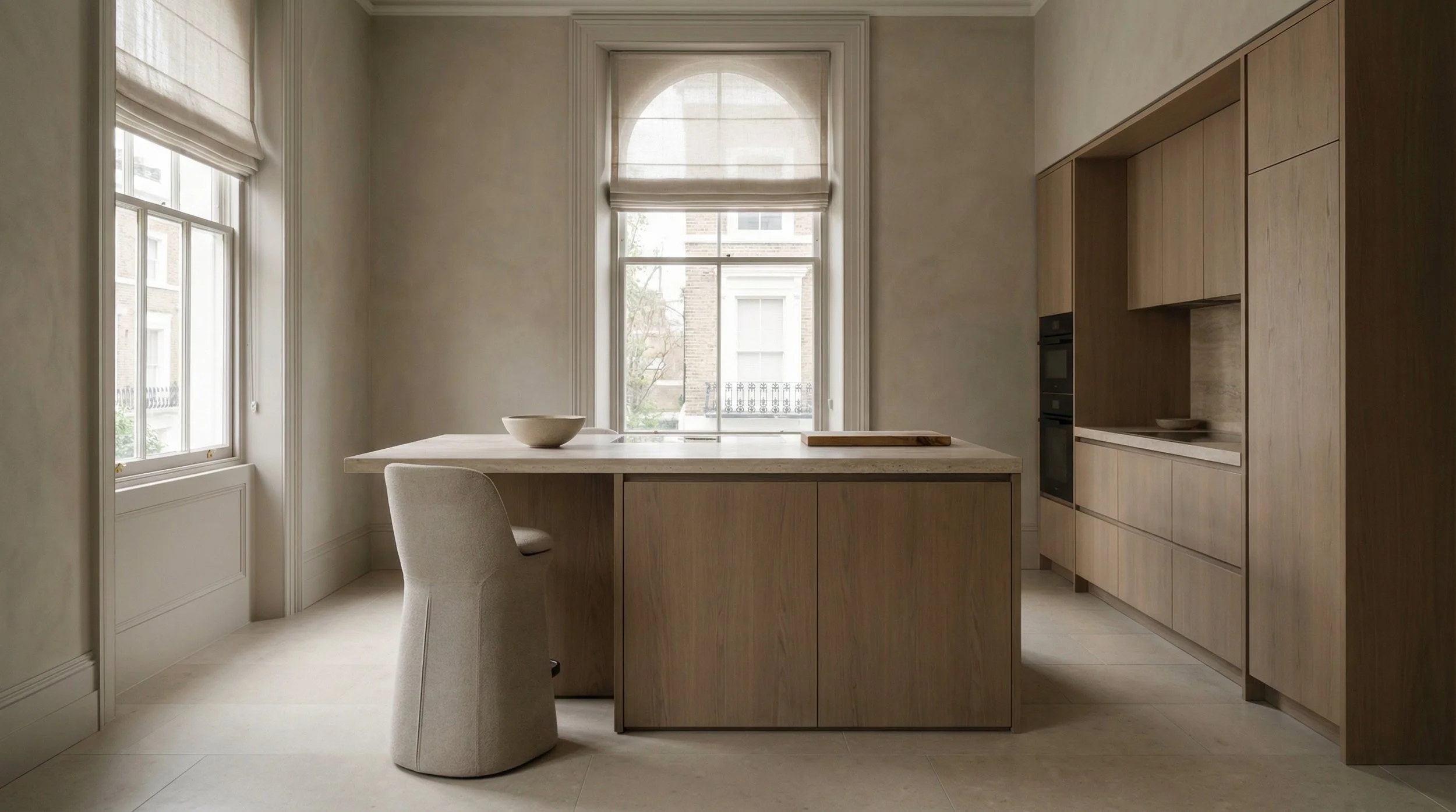 Luxury minimalist kitchen with bespoke oak cabinetry and integrated island - London high-end interior design