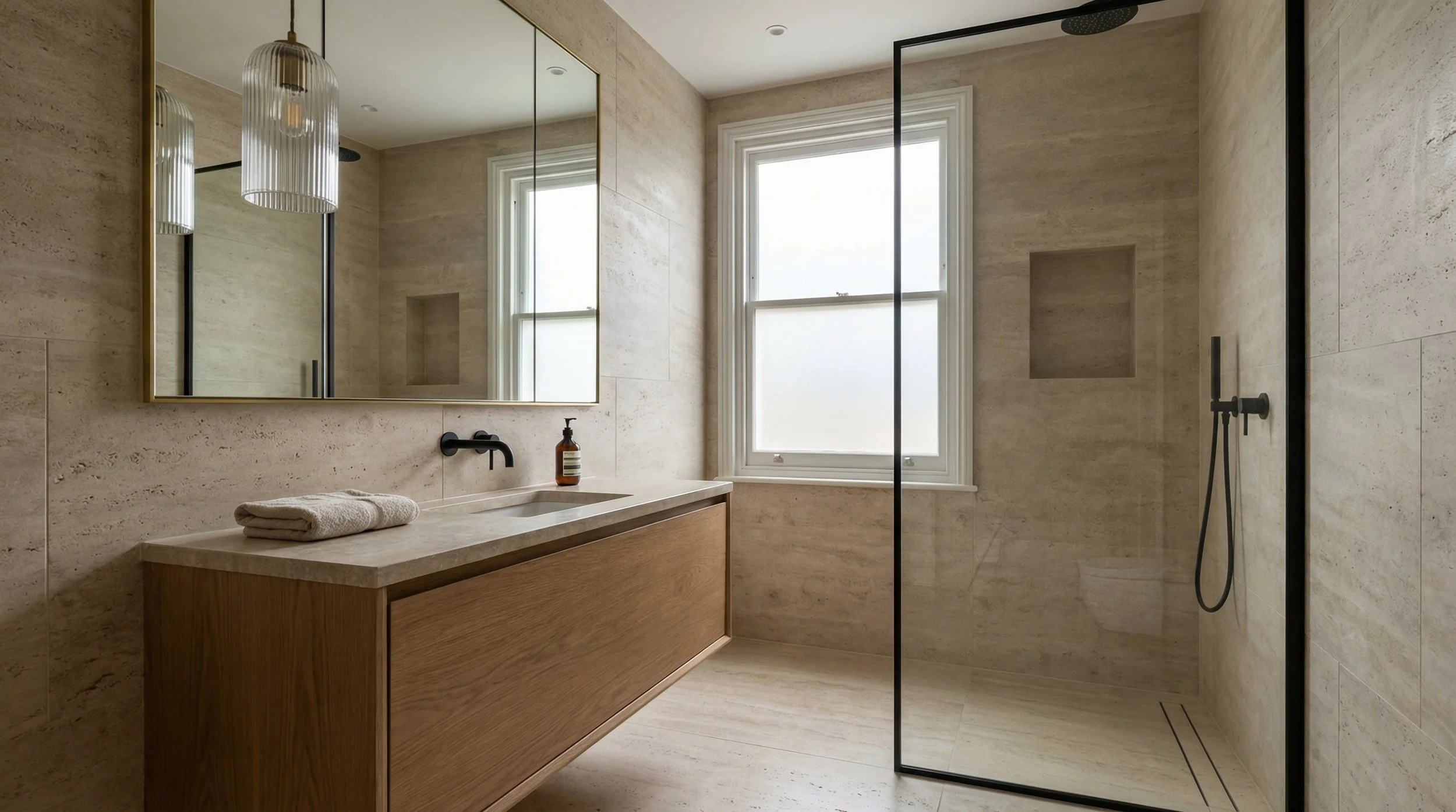 Luxury minimalist bathroom in London with travertine stone, bespoke oak vanity, black tapware, and walk-in shower, designed by Harun Taylor Design